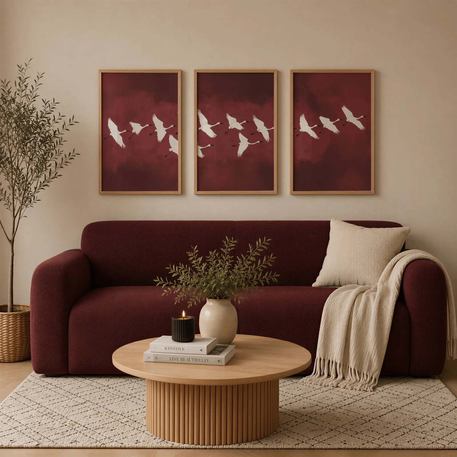 burgundy crane flight triptych wall art, above a burgundy boucle sofa with a cream throw