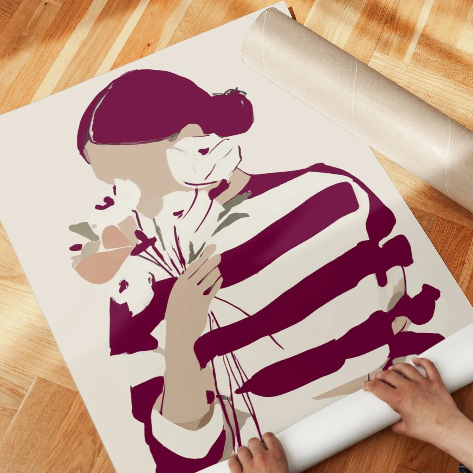 burgundy striped woman floral modern wall art, unrolled across a herringbone parquet floor by hand