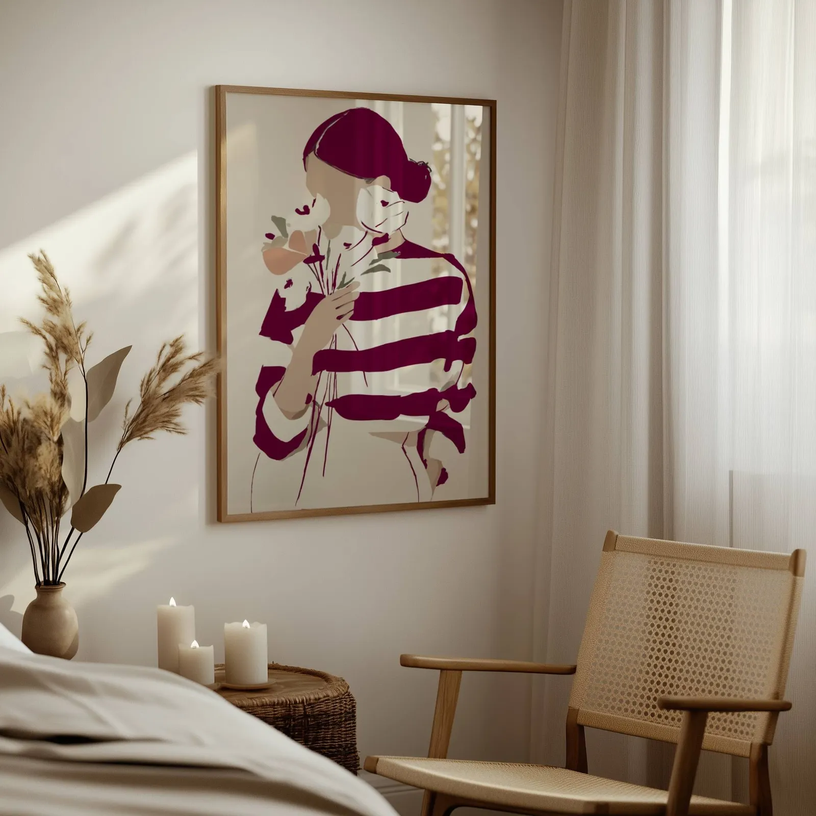burgundy striped woman floral modern wall art, above a woven side table with lit candles and pampas grass
