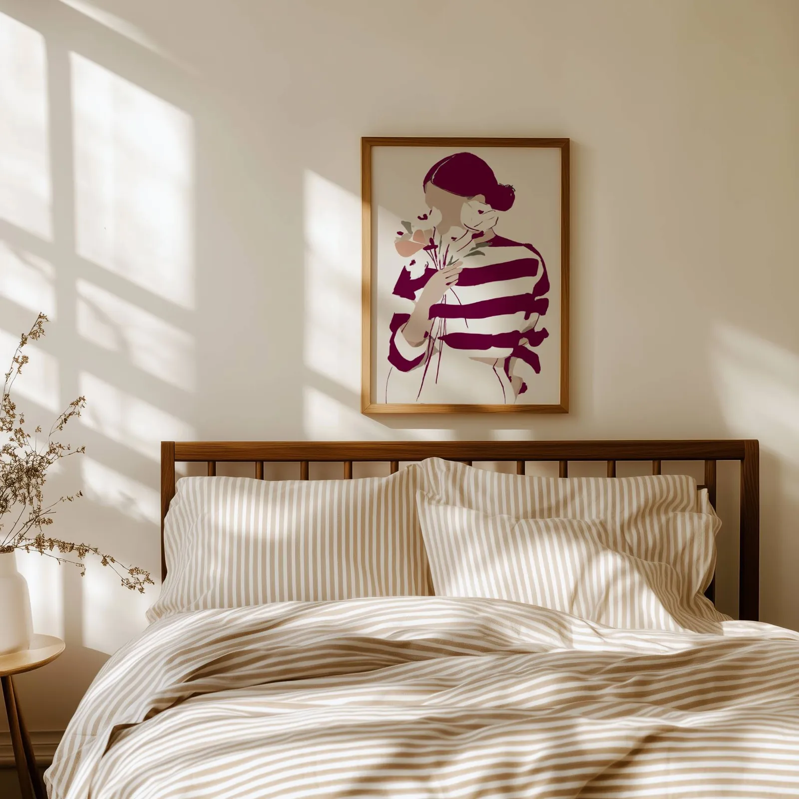burgundy striped woman floral modern wall art, above a spindle headboard with striped linen bedding