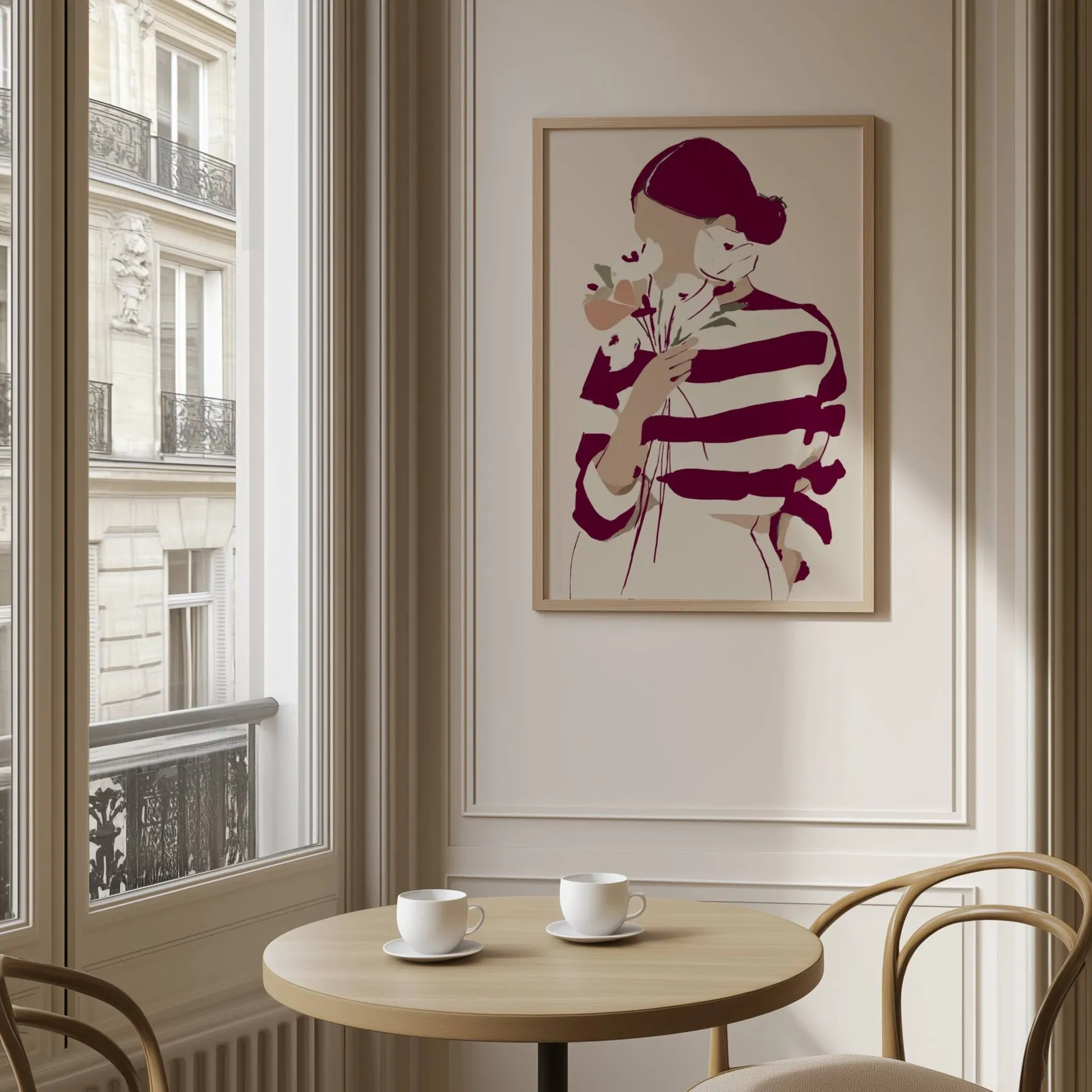 burgundy striped woman floral modern wall art, above a round café table set with two coffee cups
