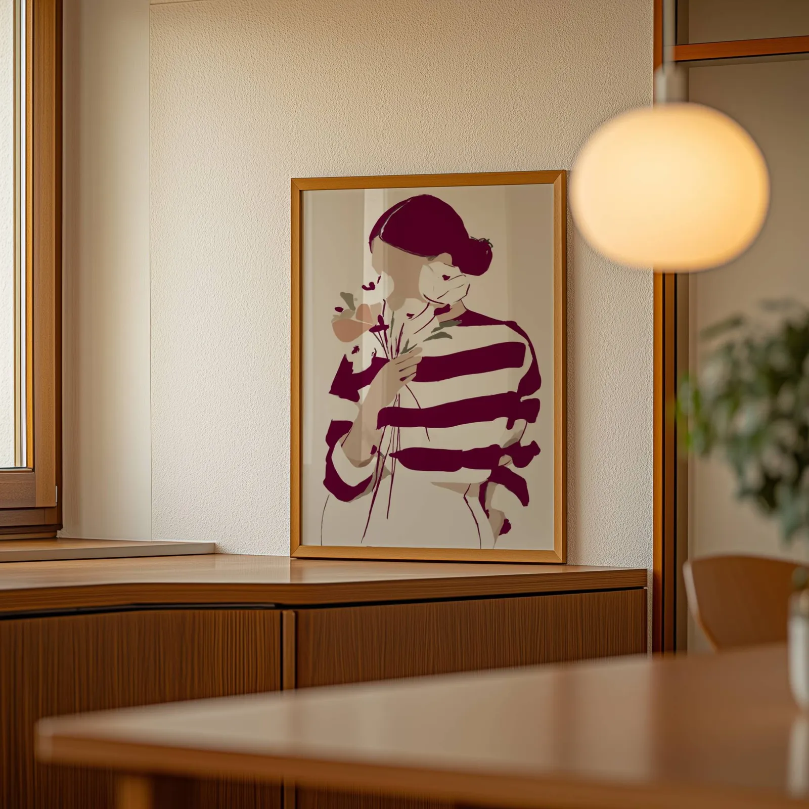 burgundy striped woman floral modern wall art, leaning on a wooden sideboard beside a glowing globe pendant
