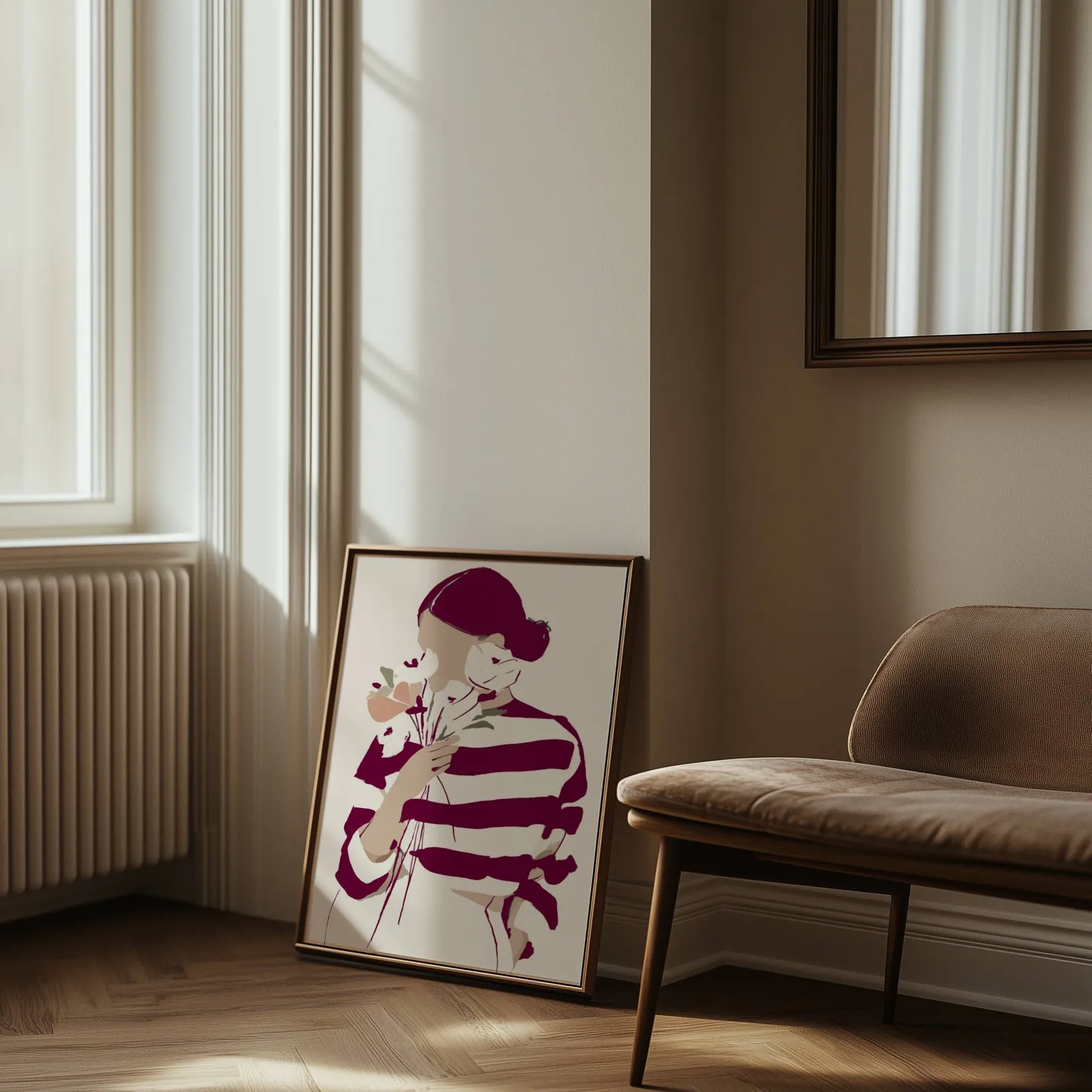 burgundy striped woman floral modern wall art, leaning against the wall beside a sunlit radiator and herringbone floor