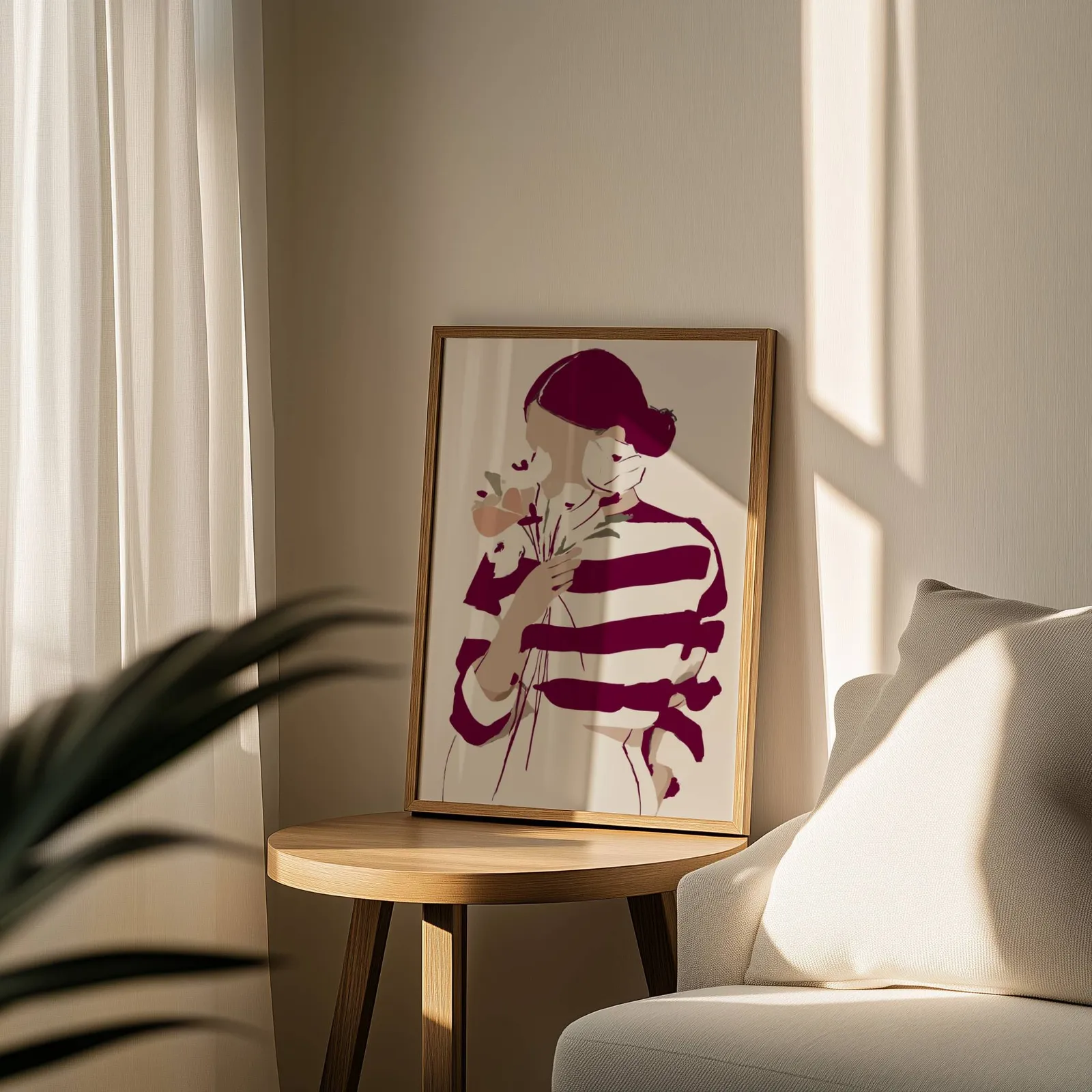 burgundy striped woman floral modern wall art, leaning on a round wooden side table by a sheer curtain
