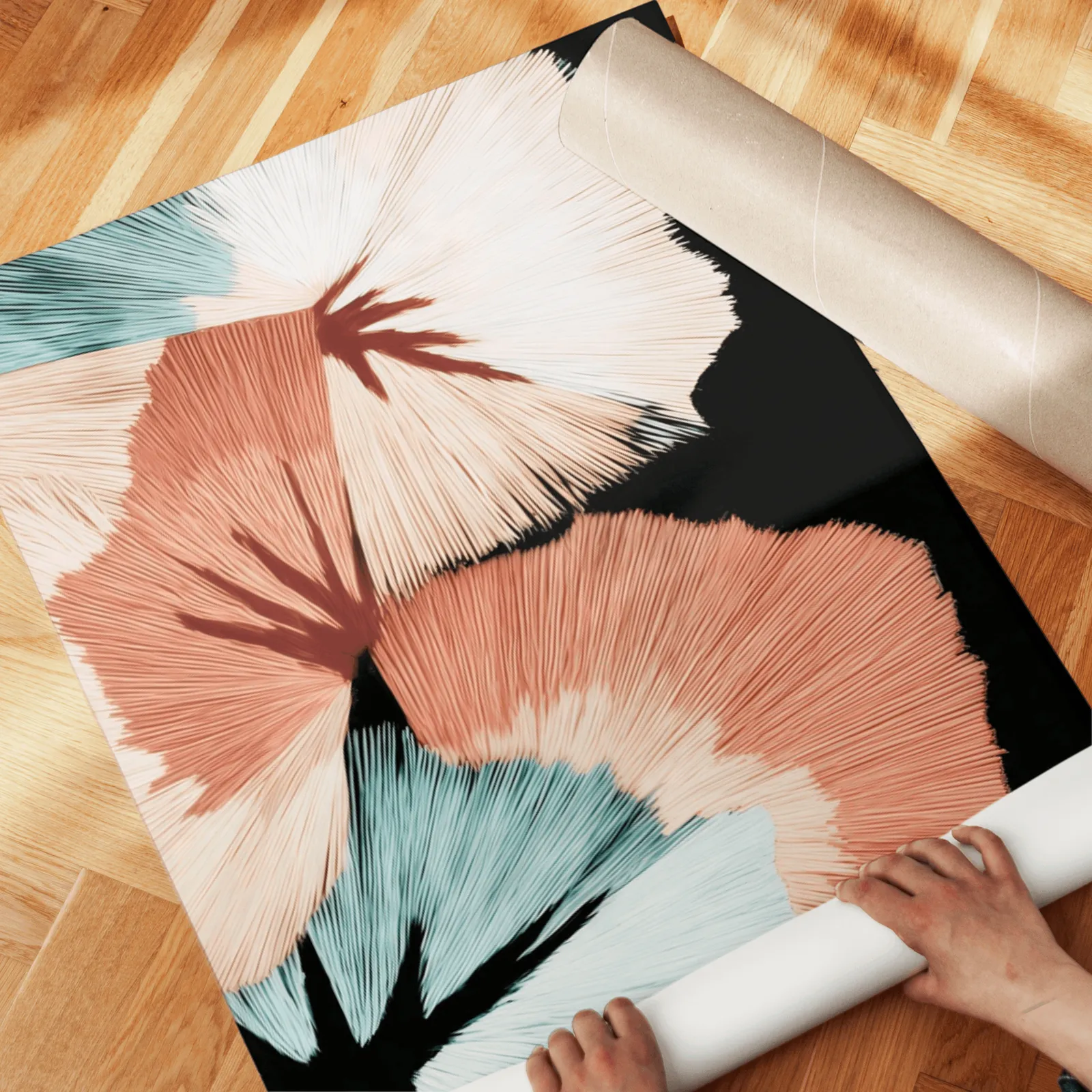 terracotta and teal abstract floral wall art set of two, unrolled across a herringbone parquet floor by hand