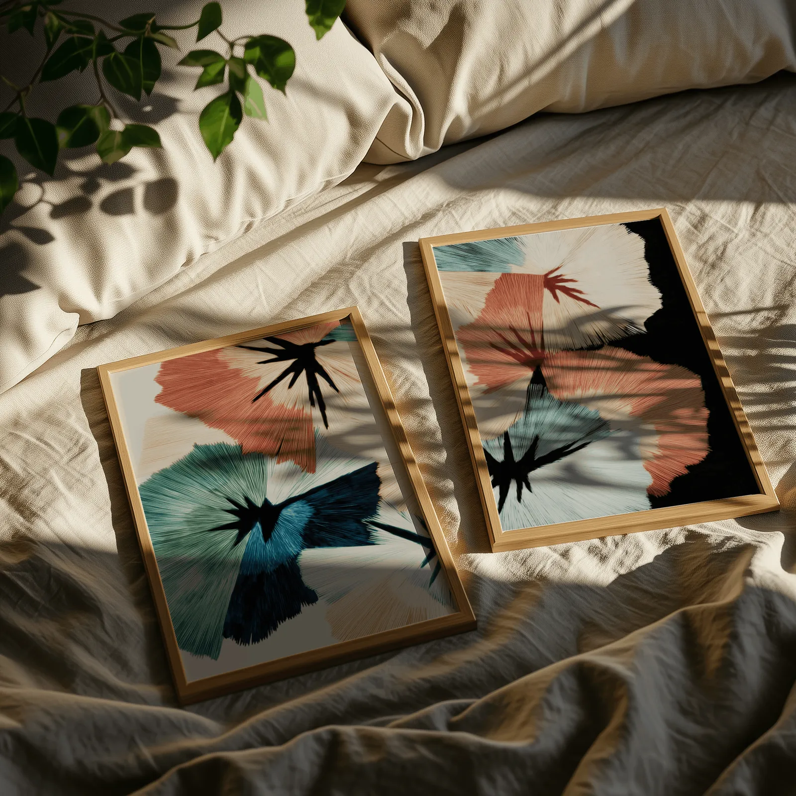 terracotta and teal abstract floral wall art set of two, resting on rumpled linen sheets with dappled leaf shadows