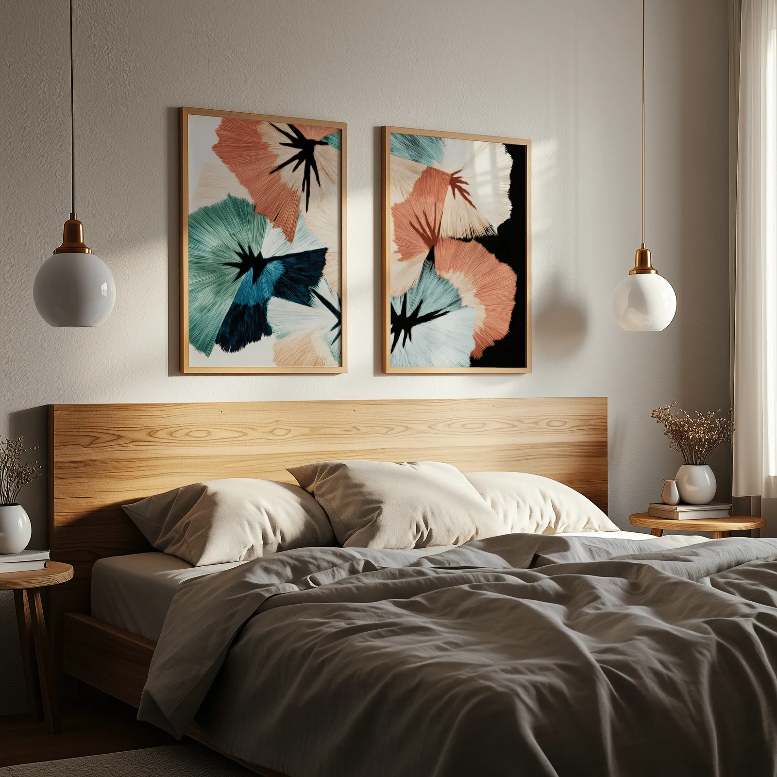 terracotta and teal abstract floral wall art set of two, above a wooden headboard flanked by globe pendant lights