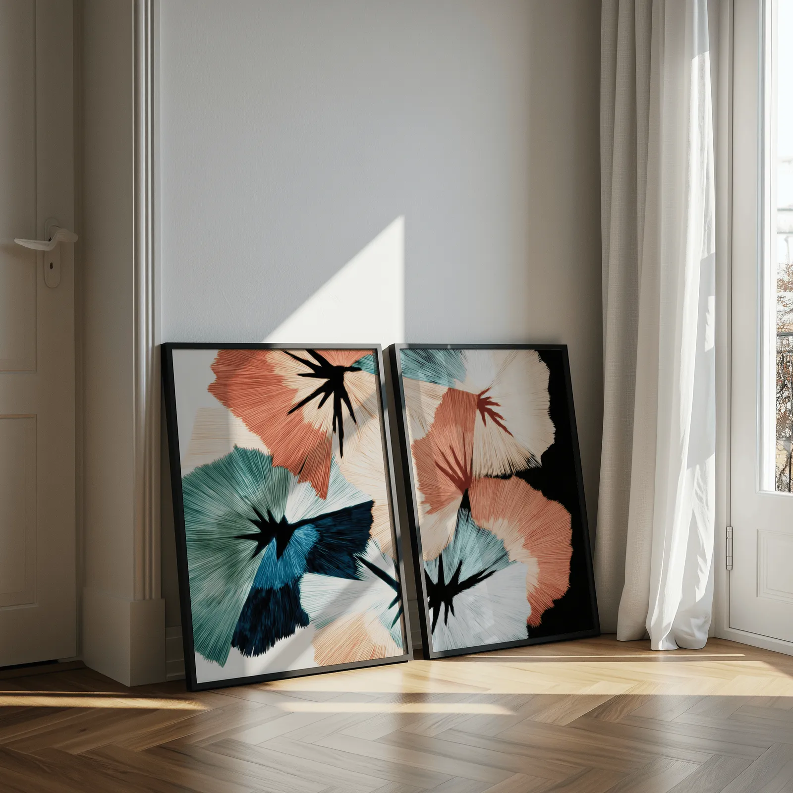 terracotta and teal abstract floral wall art set of two, leaning against a sunlit wall by herringbone floor and sheer curtains