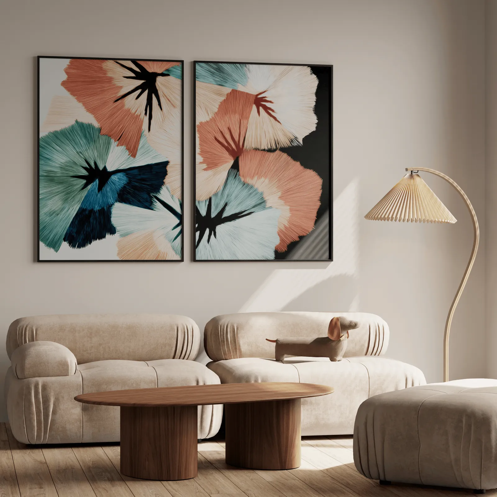 terracotta and teal abstract floral wall art set of two, above a plush beige sofa with a pleated lamp nearby
