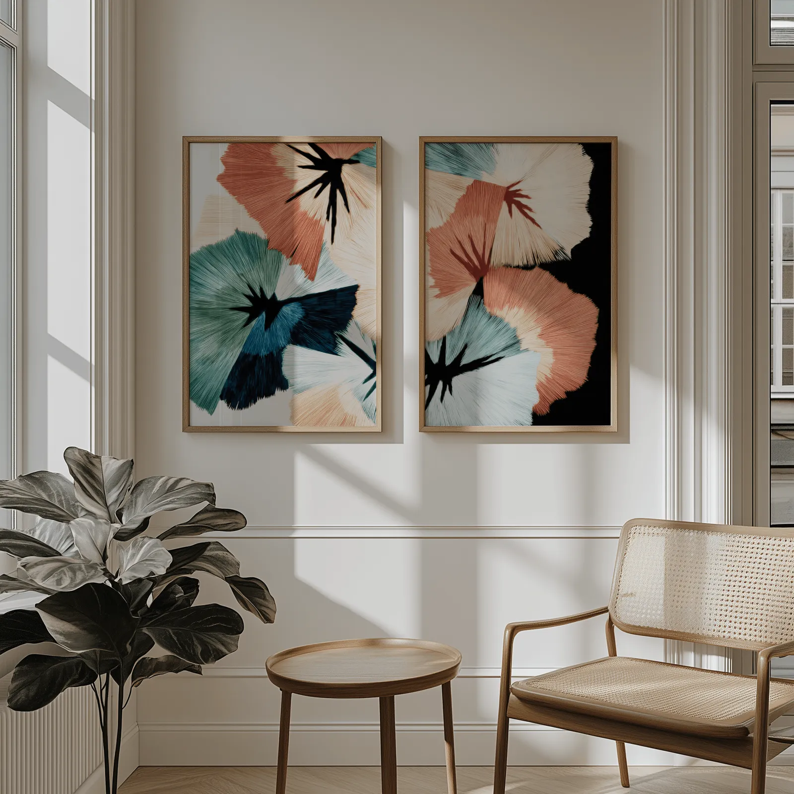 terracotta and teal abstract floral wall art set of two, above wainscoting beside a cane armchair and fiddle-leaf fig