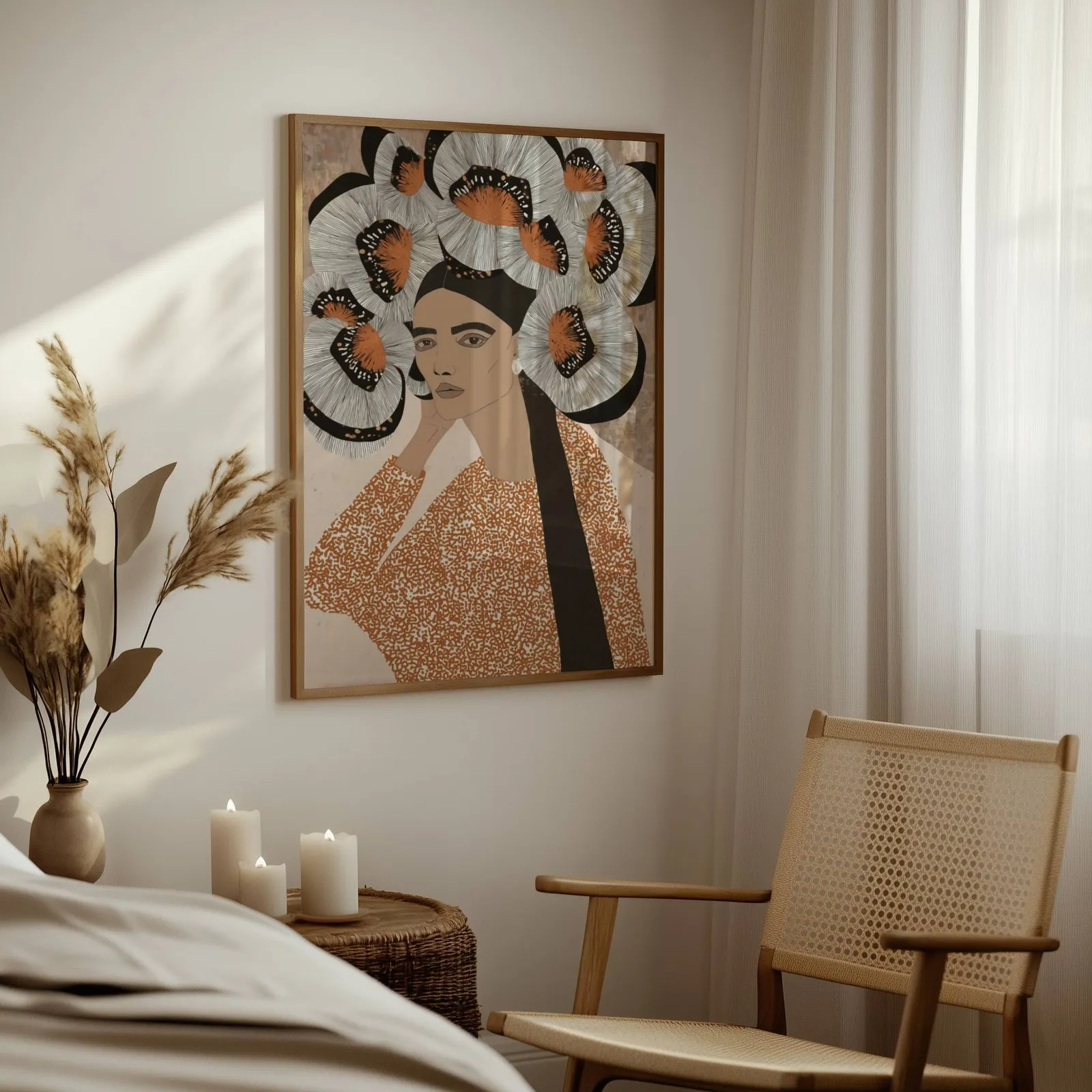 terracotta portrait wall art with butterfly crown, above a woven side table with lit candles and pampas grass