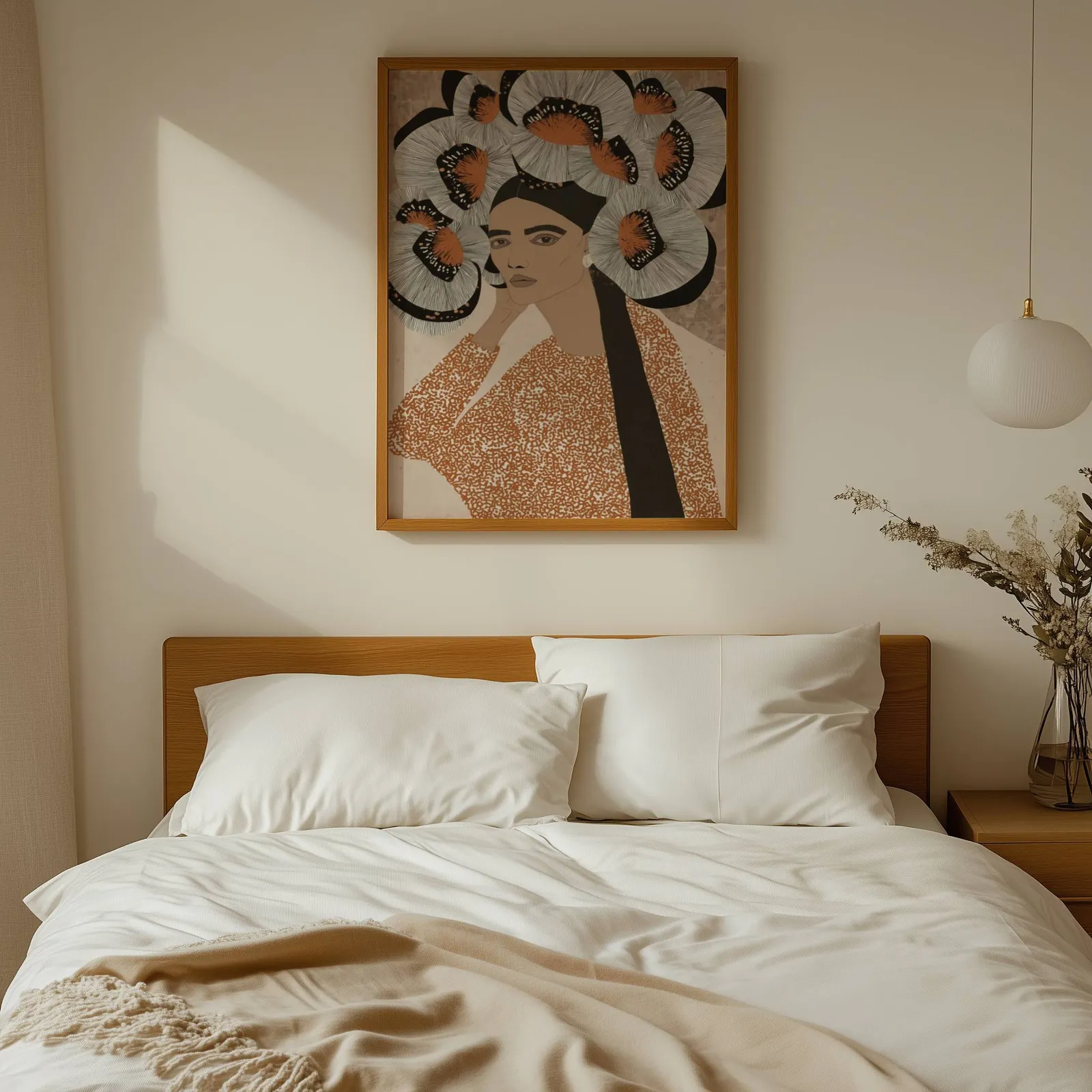 terracotta portrait wall art with butterfly crown, above a wooden headboard with white linen pillows