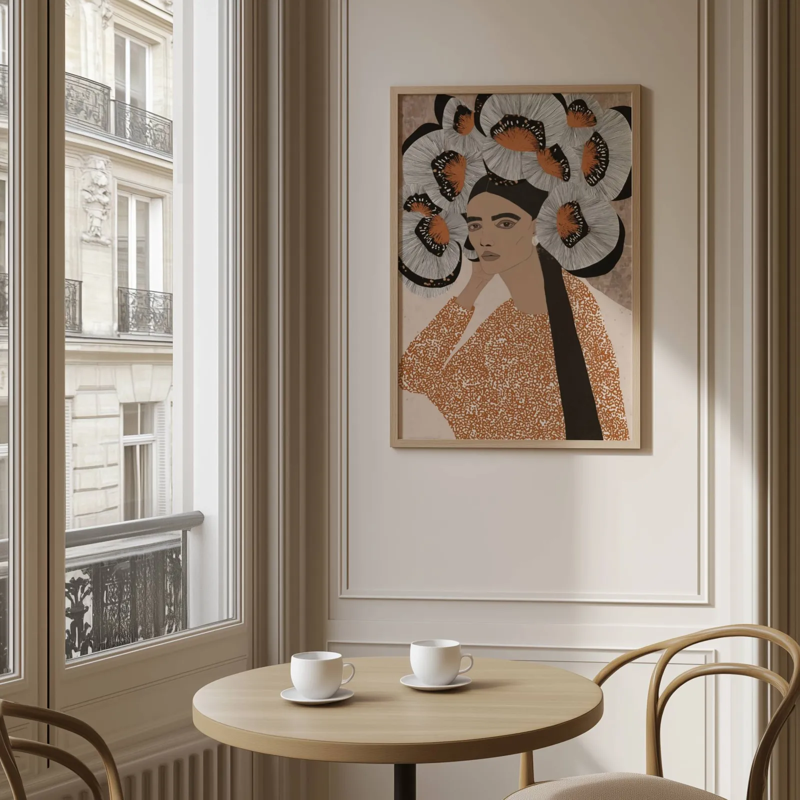 terracotta portrait wall art with butterfly crown, above a round café table set with two coffee cups