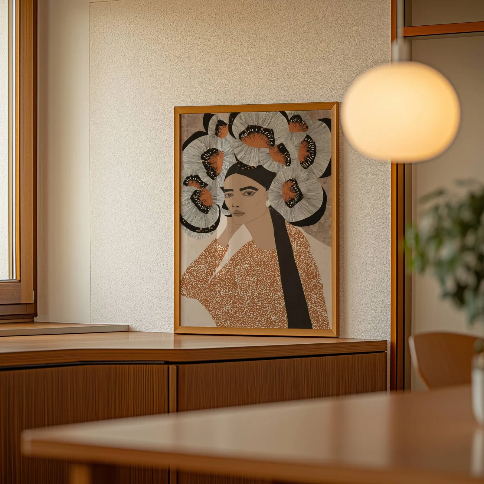 terracotta portrait wall art with butterfly crown, leaning on a wooden sideboard beside a glowing globe pendant