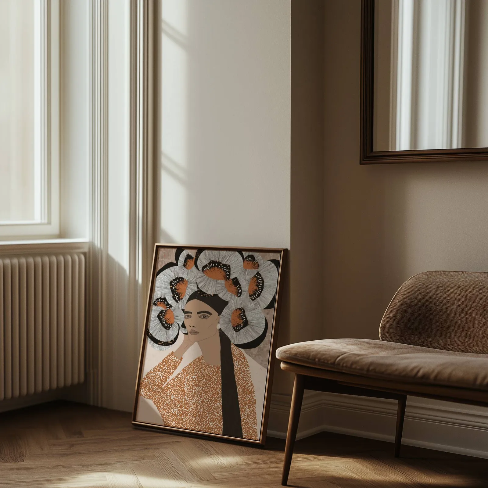 terracotta portrait wall art with butterfly crown, leaning against the wall beside a sunlit radiator and herringbone floor