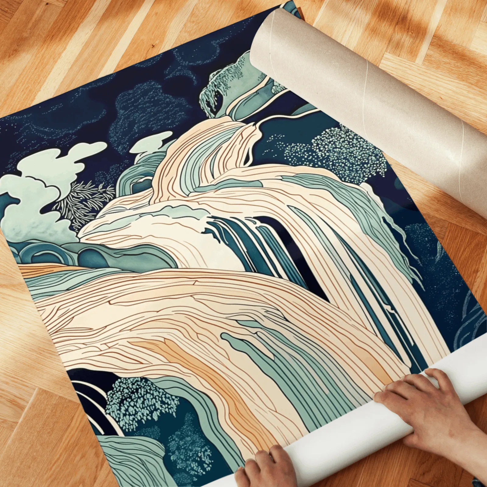 blue green waterfall landscape triptych wall art, unrolled across a herringbone wood floor by hand