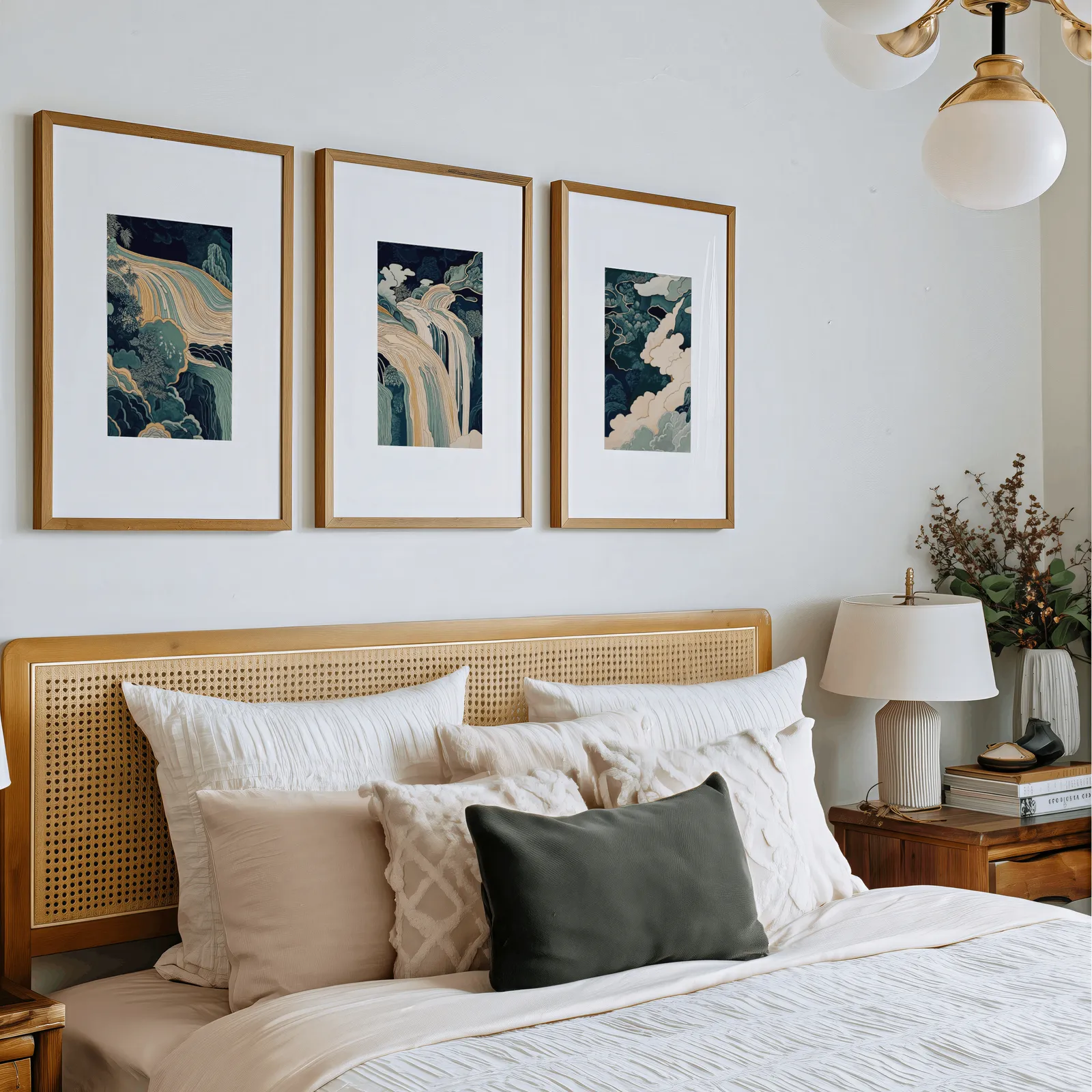 blue green waterfall landscape triptych wall art, above a rattan headboard piled with pillows
