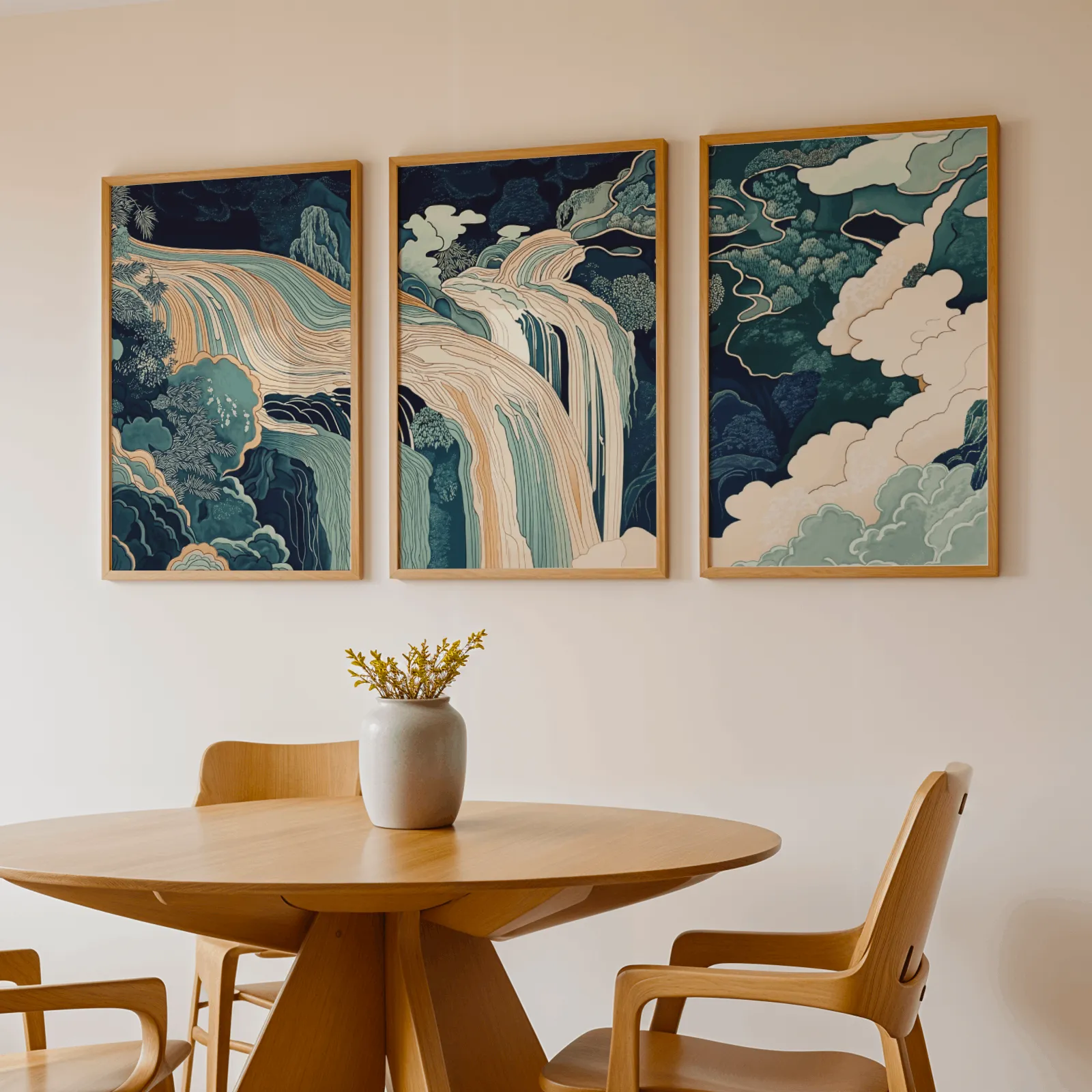 blue green waterfall landscape triptych wall art, above a round wooden table with a stoneware vase