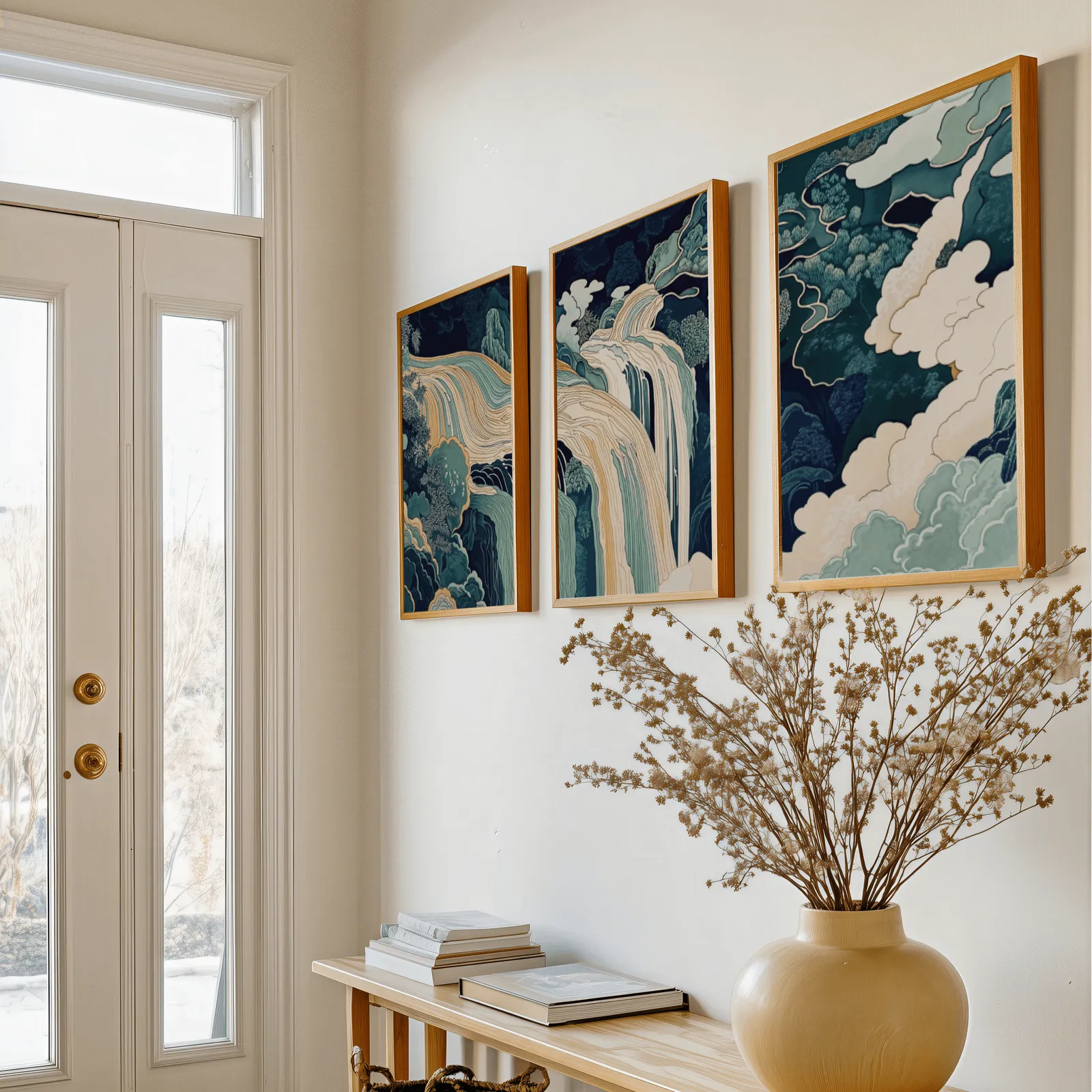 blue green waterfall landscape triptych wall art, above a console table with a yellow vase of dried branches