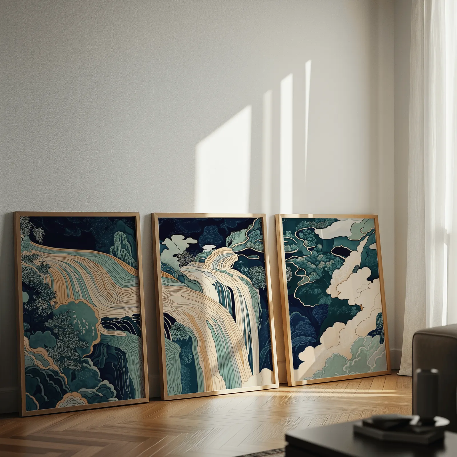 blue green waterfall landscape triptych wall art, leaning against a sunlit wall on herringbone flooring