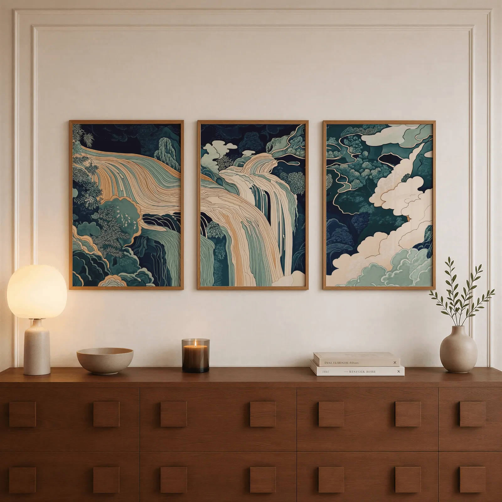 blue green waterfall landscape triptych wall art, above a walnut sideboard with a lit candle and glowing lamp