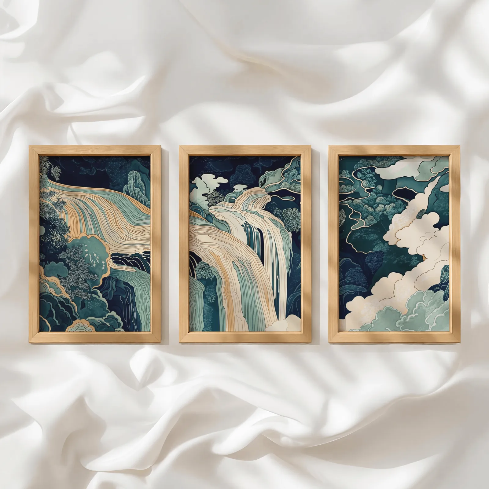 blue green waterfall landscape triptych wall art, in a row atop rumpled white silky fabric