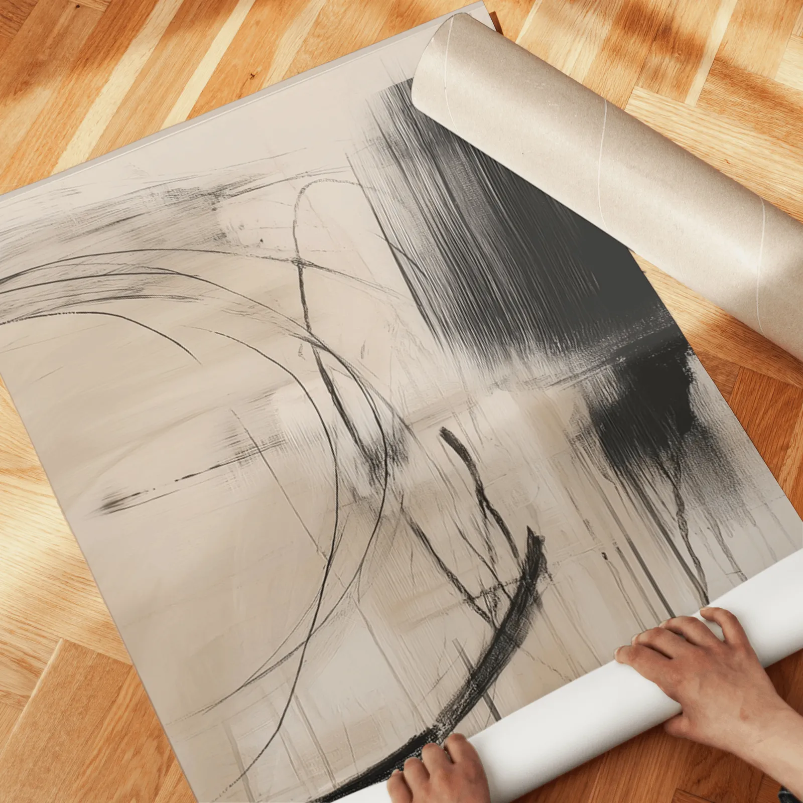 beige abstract minimalist wall art set of three, unrolled across a herringbone wood floor by hand