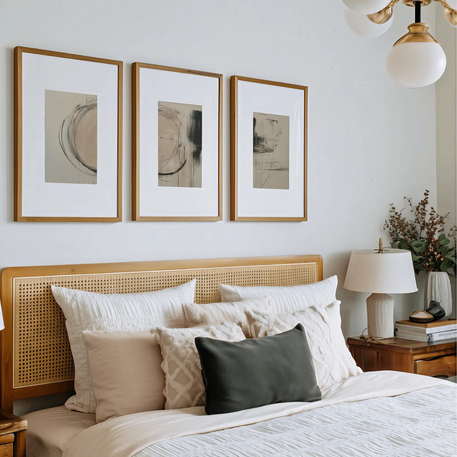 beige abstract minimalist wall art set of three, above a rattan headboard piled with pillows