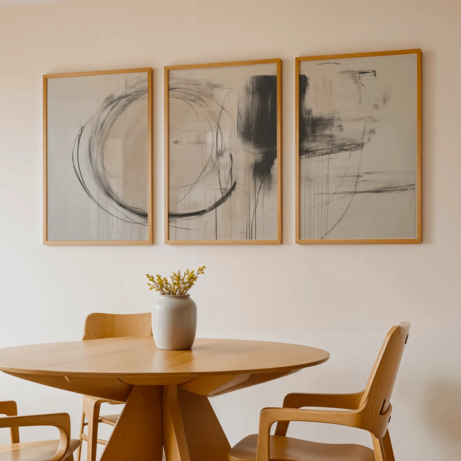 beige abstract minimalist wall art set of three, above a round wooden table with a stoneware vase