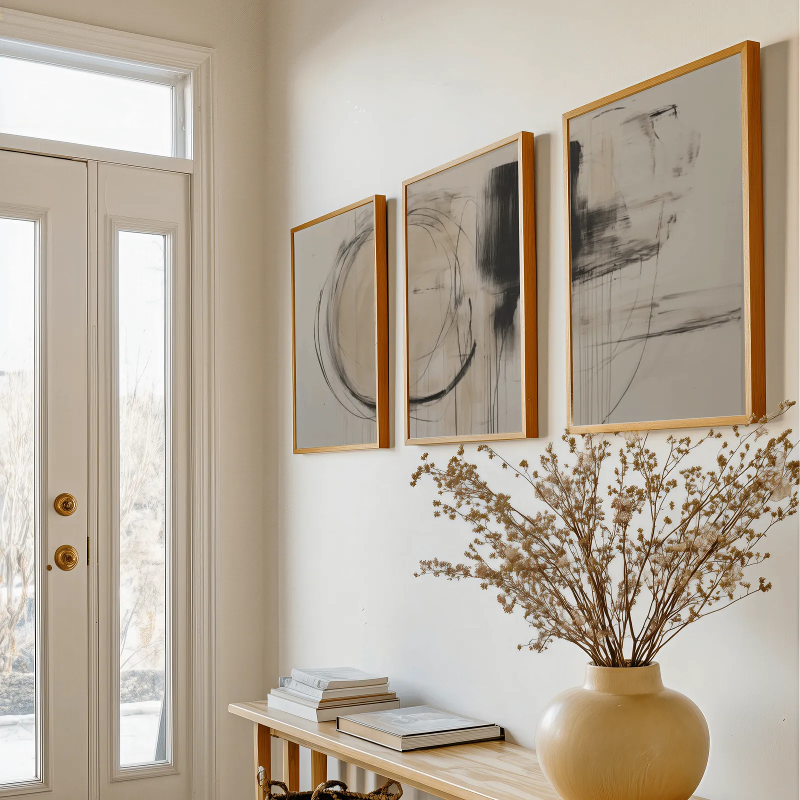 beige abstract minimalist wall art set of three, above a console table with a yellow vase of dried branches