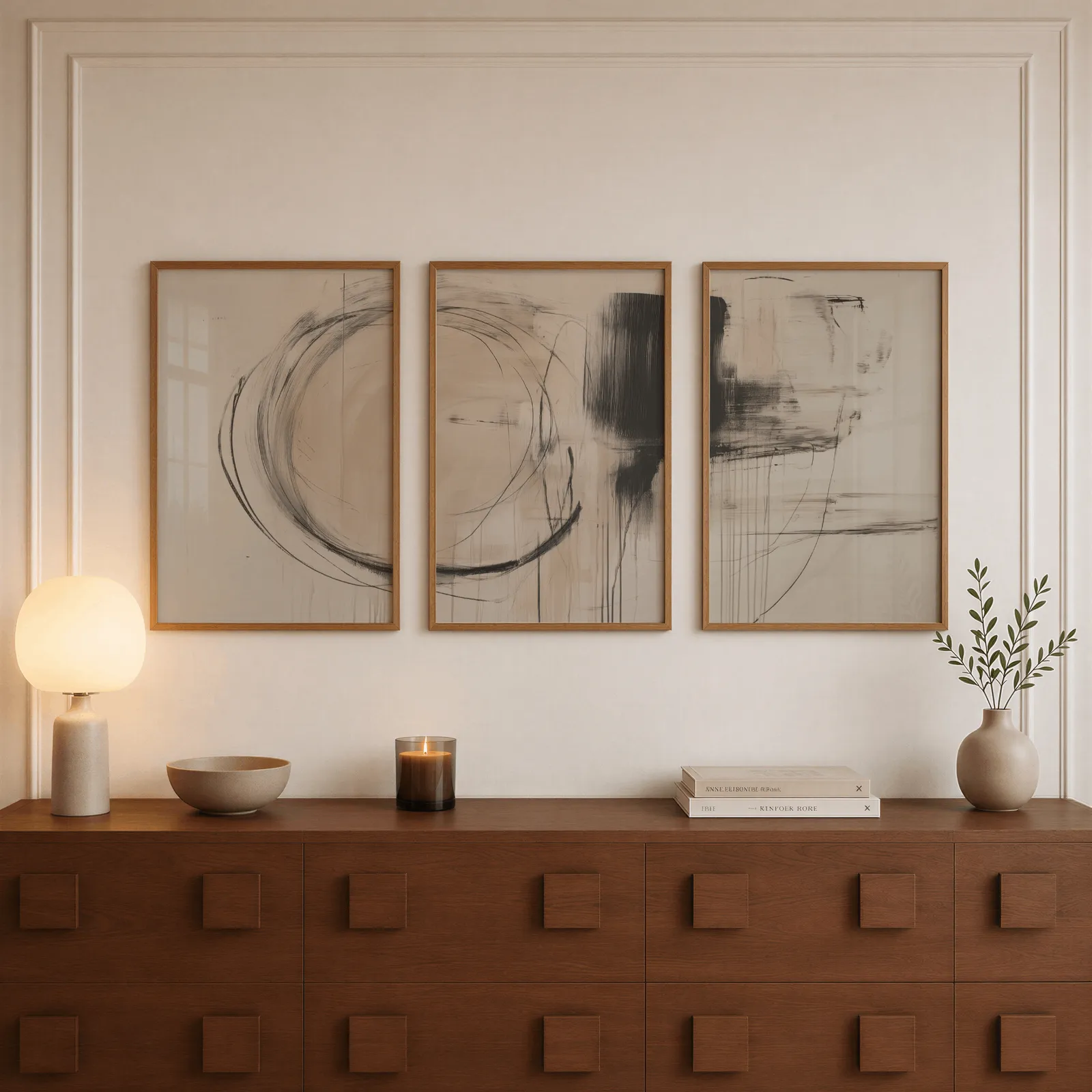 beige abstract minimalist wall art set of three, above a walnut sideboard with a lit candle and glowing lamp