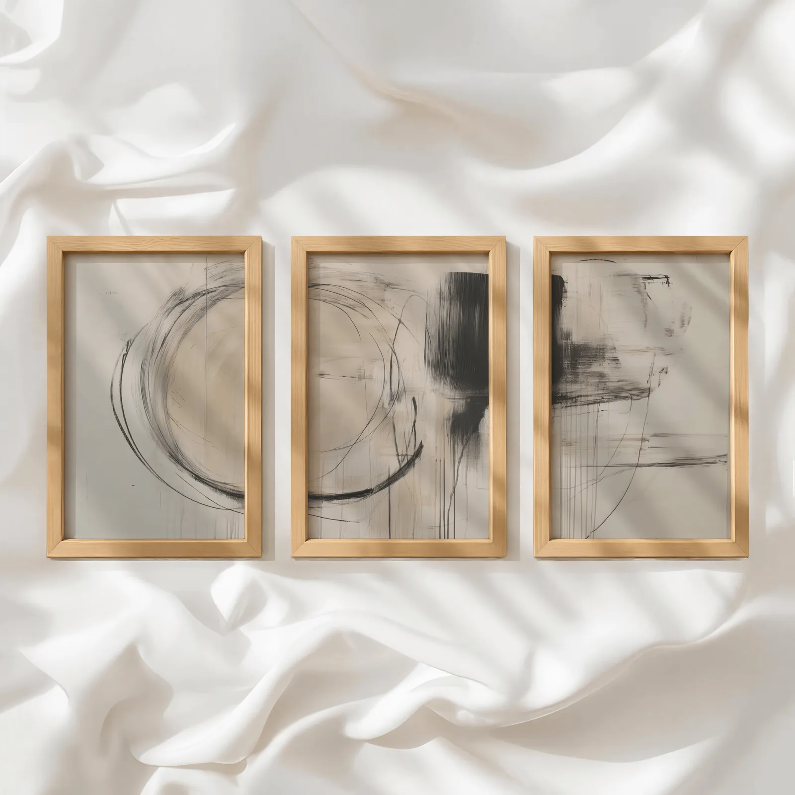 beige abstract minimalist wall art set of three, in a row atop rumpled white silky fabric