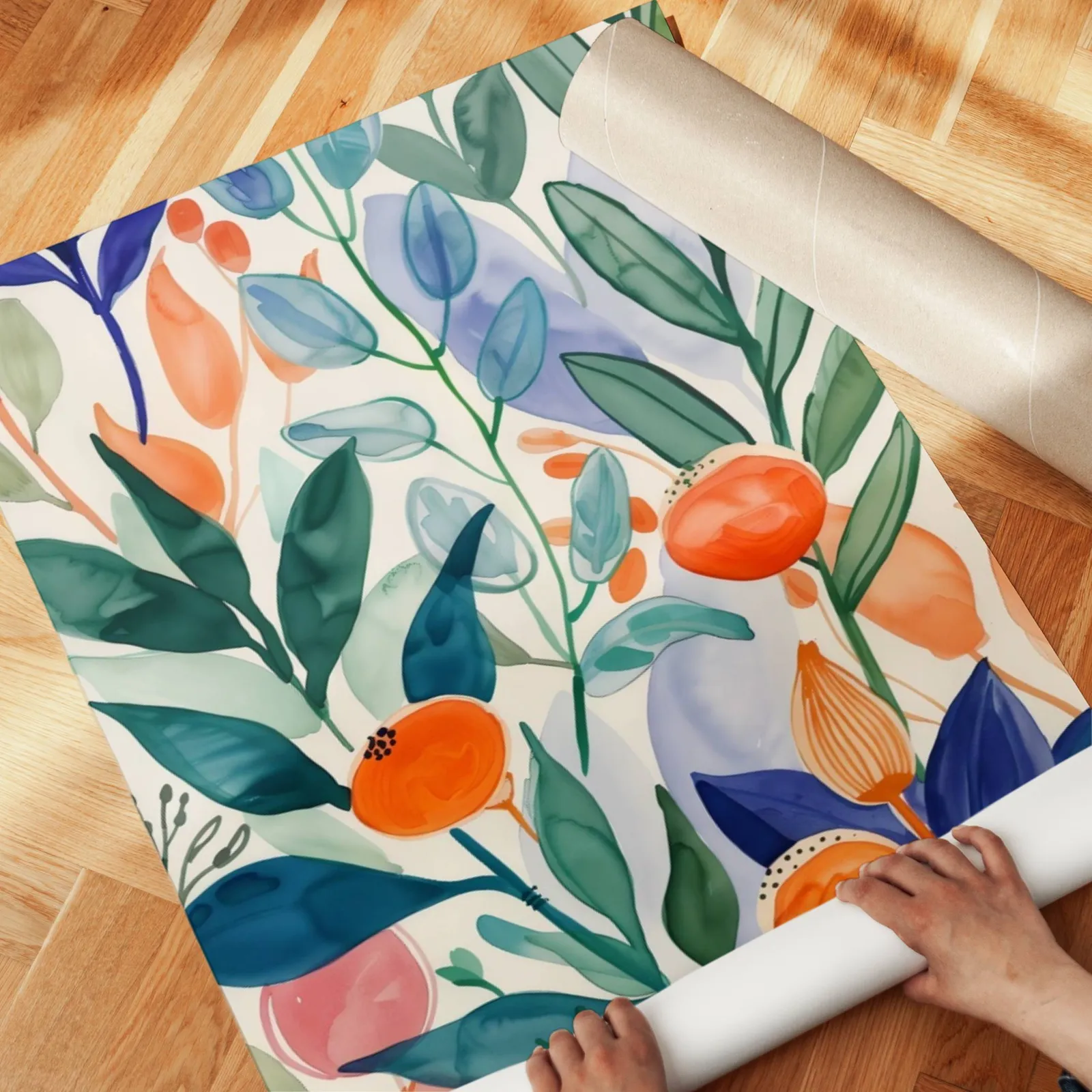 colorful botanical floral wall art, unrolled across a herringbone parquet floor by hand