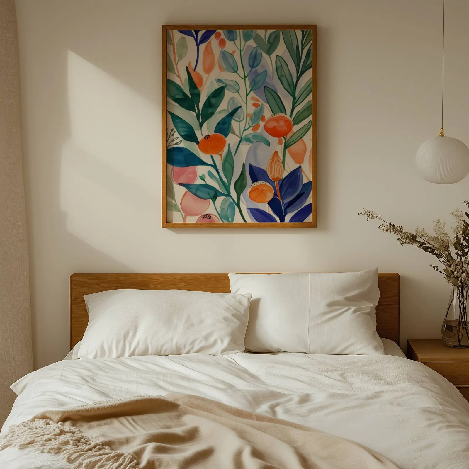 colorful botanical floral wall art, above a wooden headboard with white linen pillows