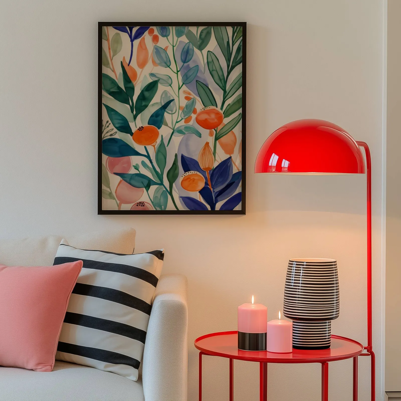 colorful botanical floral wall art, above a cream sofa beside a glossy red dome lamp