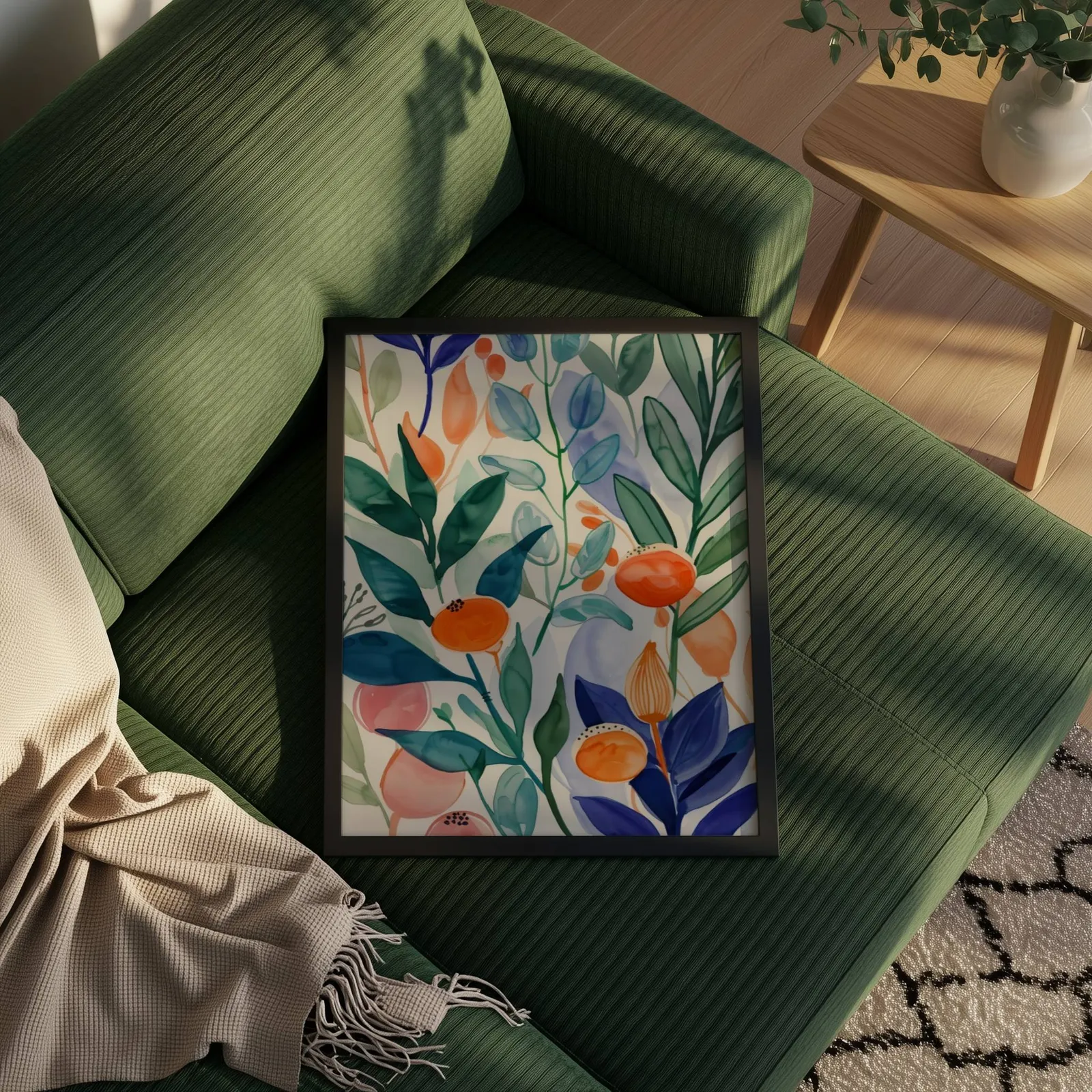 colorful botanical floral wall art, propped on a ribbed olive-green sofa beside a fringed throw