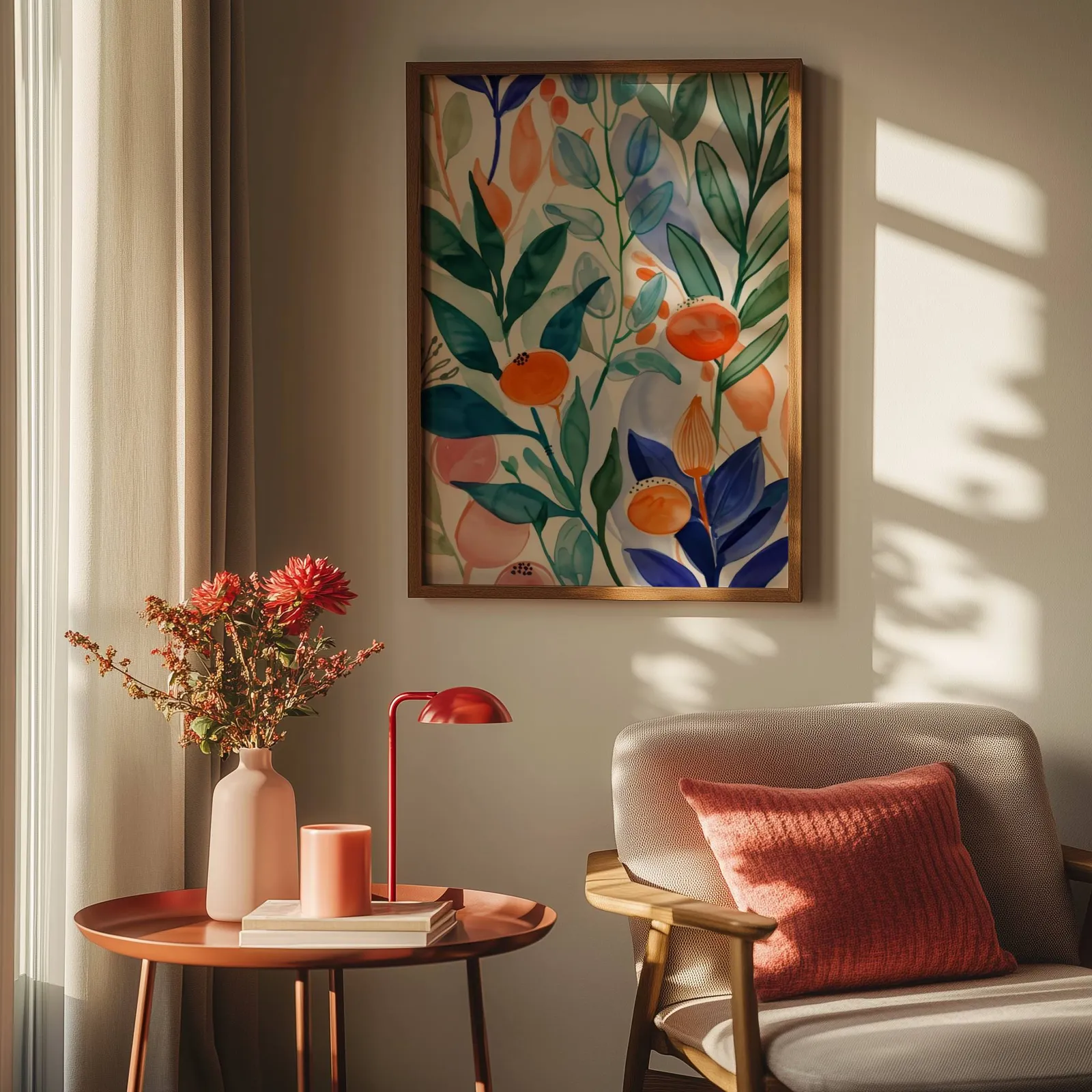 colorful botanical floral wall art, above a round side table with a red lamp and dahlias