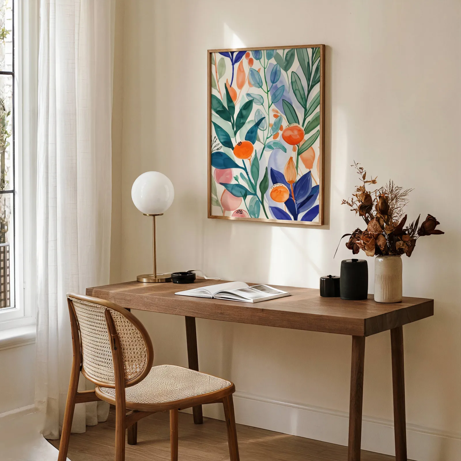 colorful botanical floral wall art, above a wooden desk with a globe lamp and dried flowers