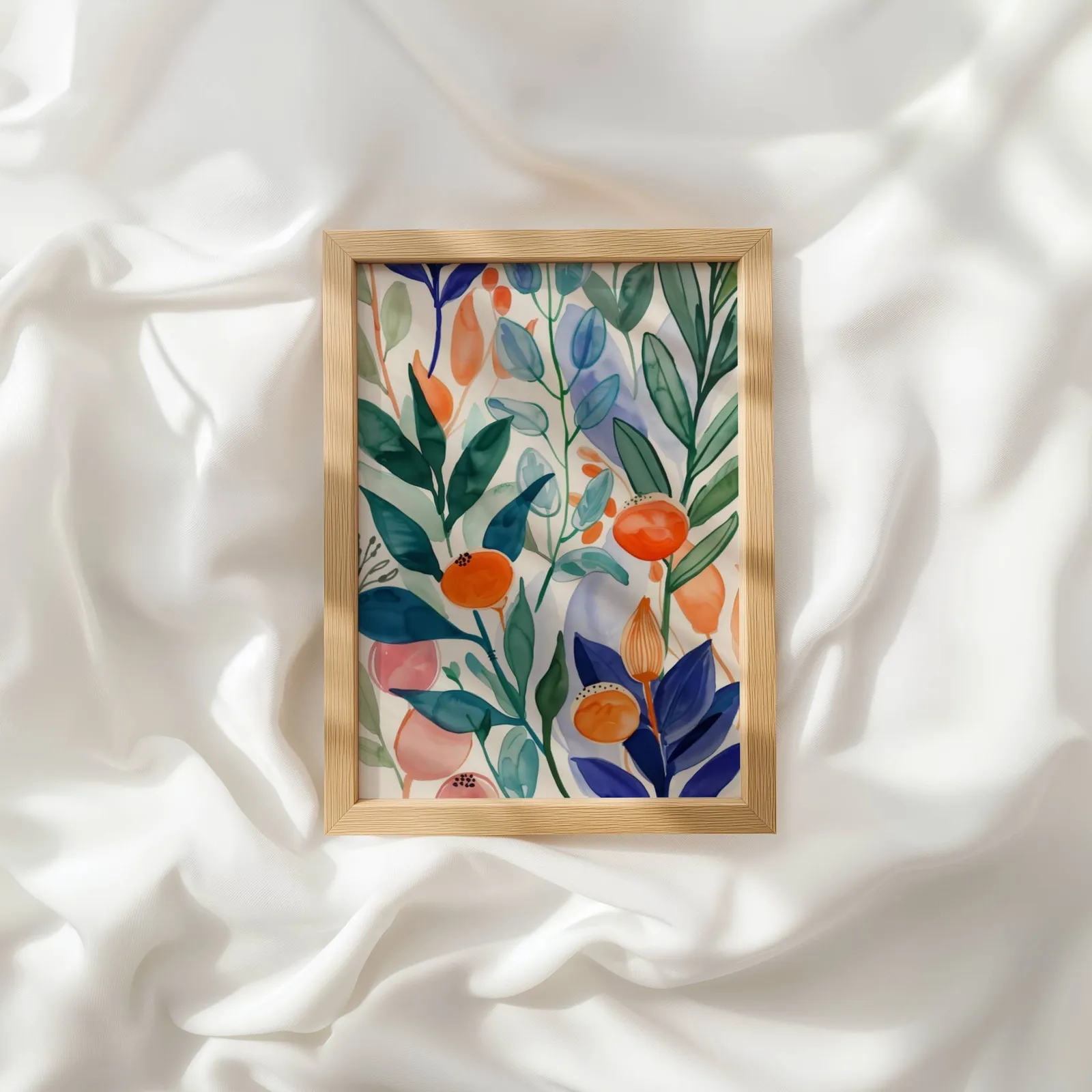 colorful botanical floral wall art, resting atop rumpled white silky fabric