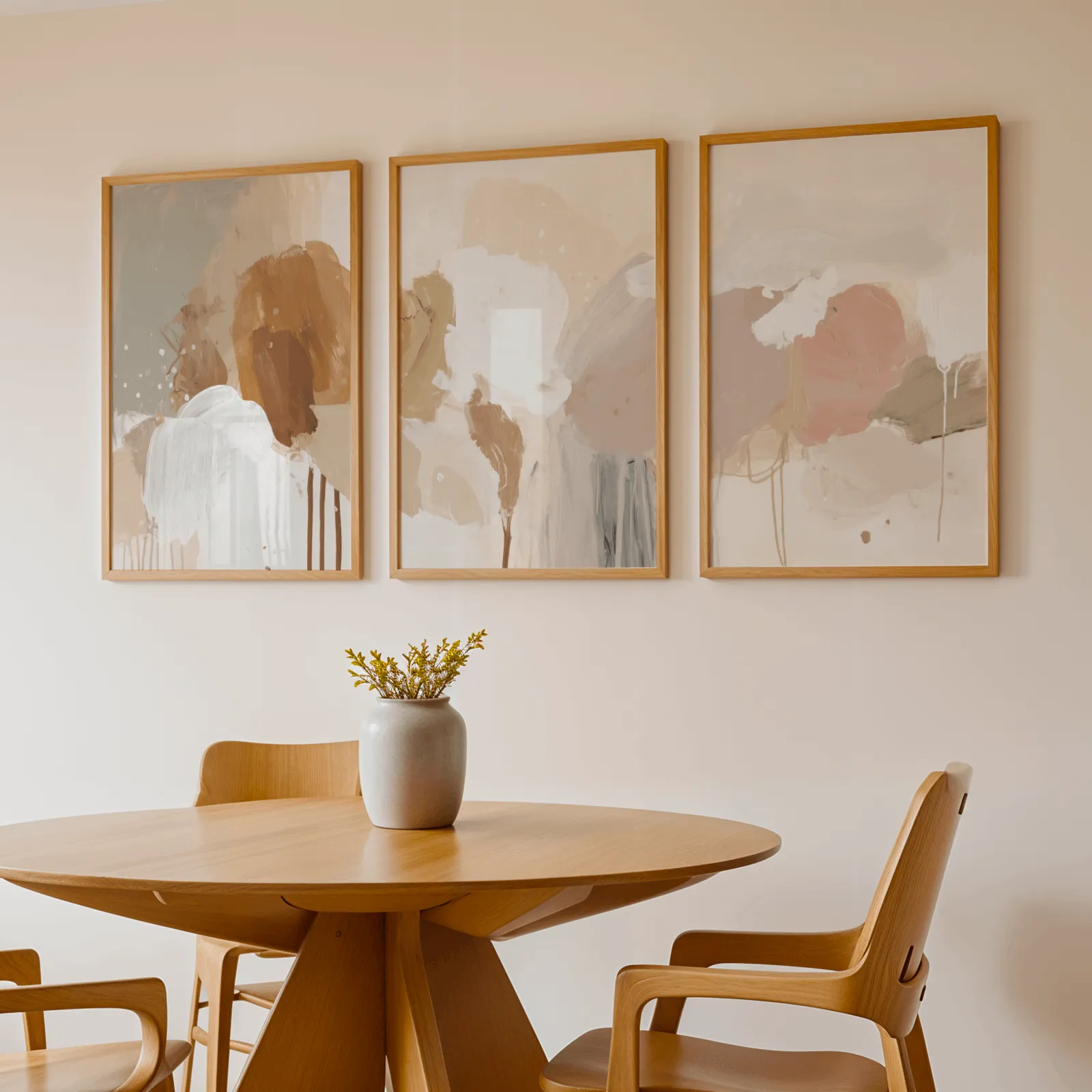 terracotta abstract wall art set of 3, above a round wooden table with a stoneware vase
