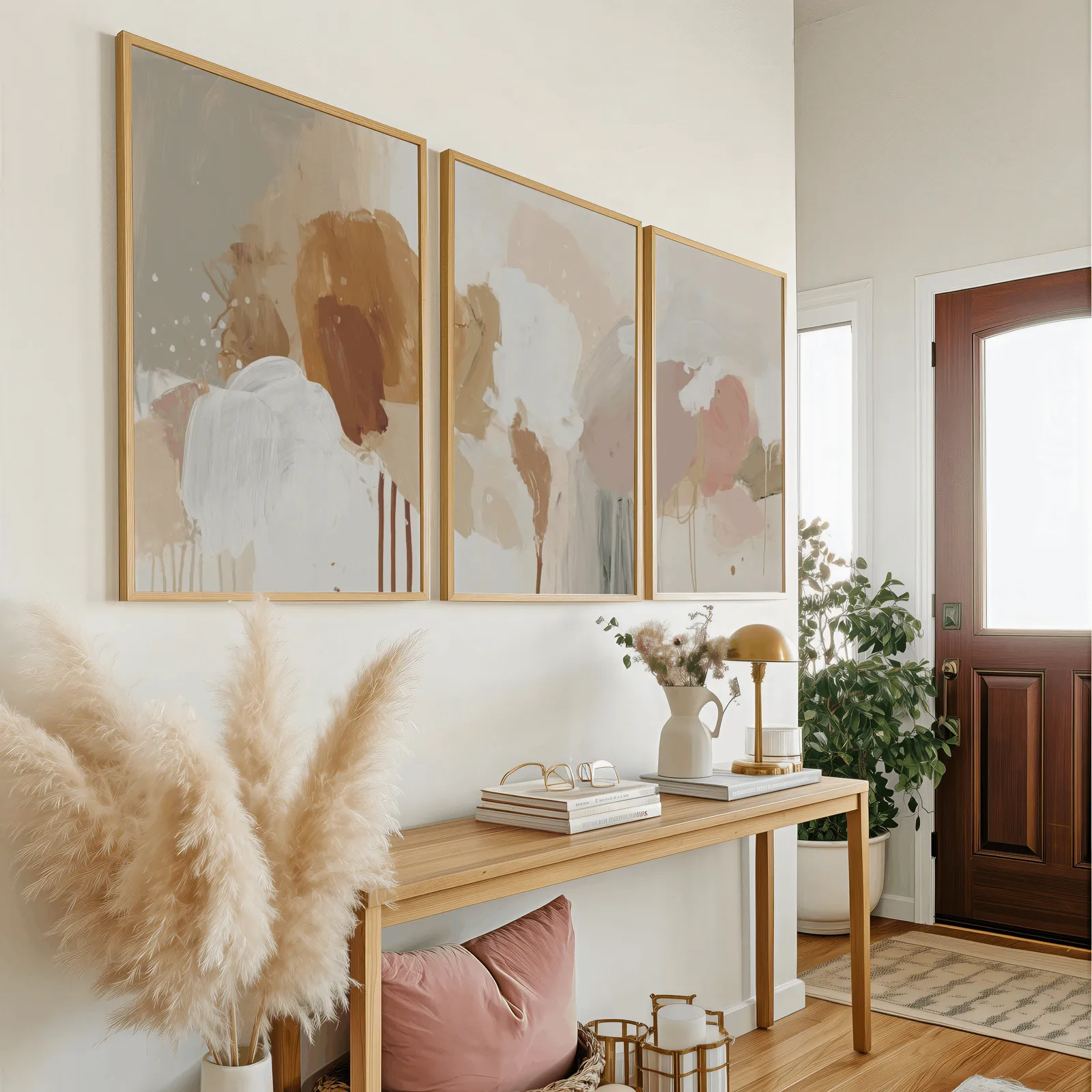 terracotta abstract wall art set of 3, above a wooden console table near the entry door