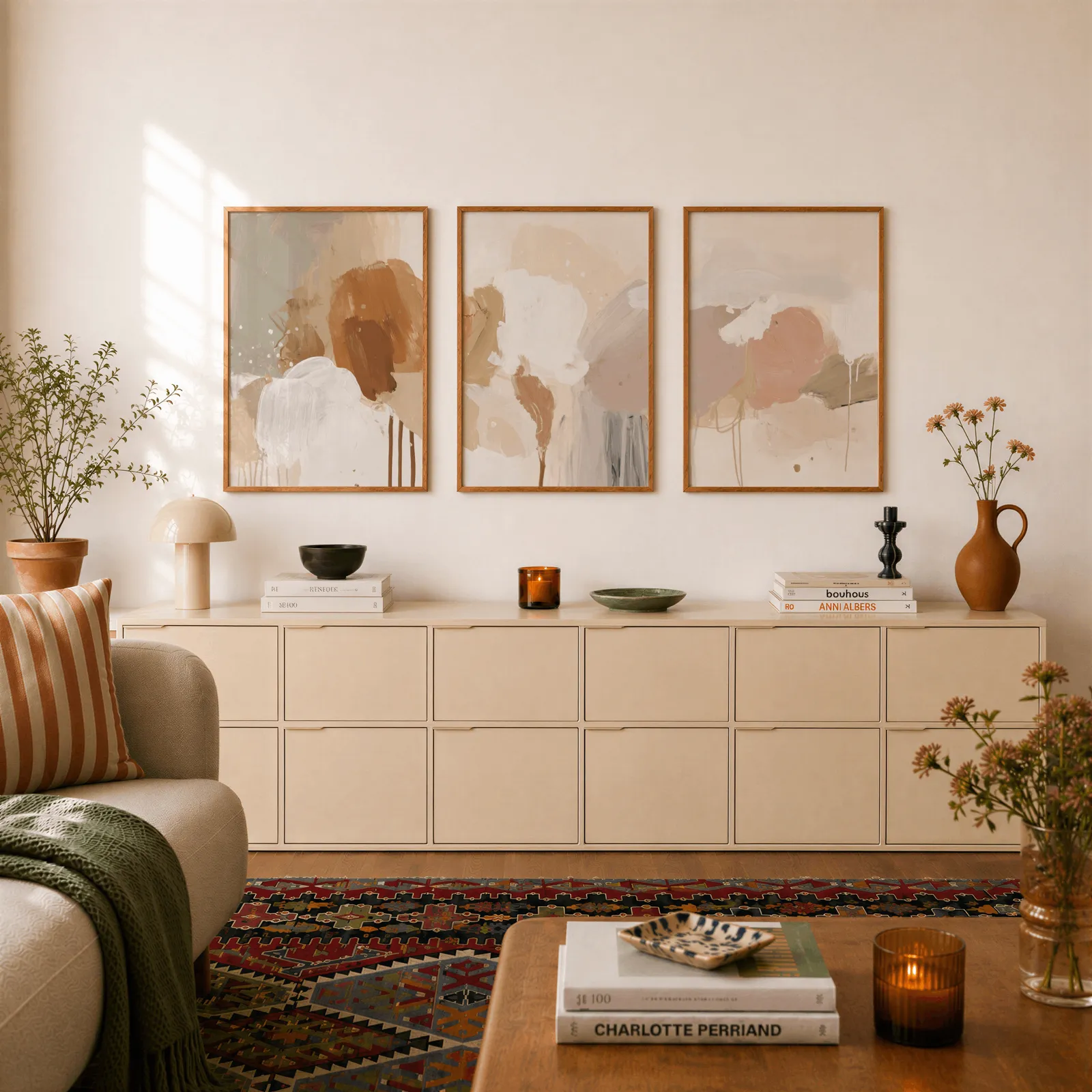 terracotta abstract wall art set of 3, above a long cream sideboard topped with books and a terracotta jug