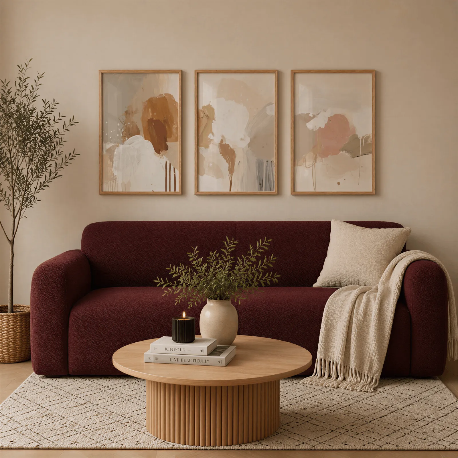terracotta abstract wall art set of 3, above a burgundy boucle sofa with a cream throw