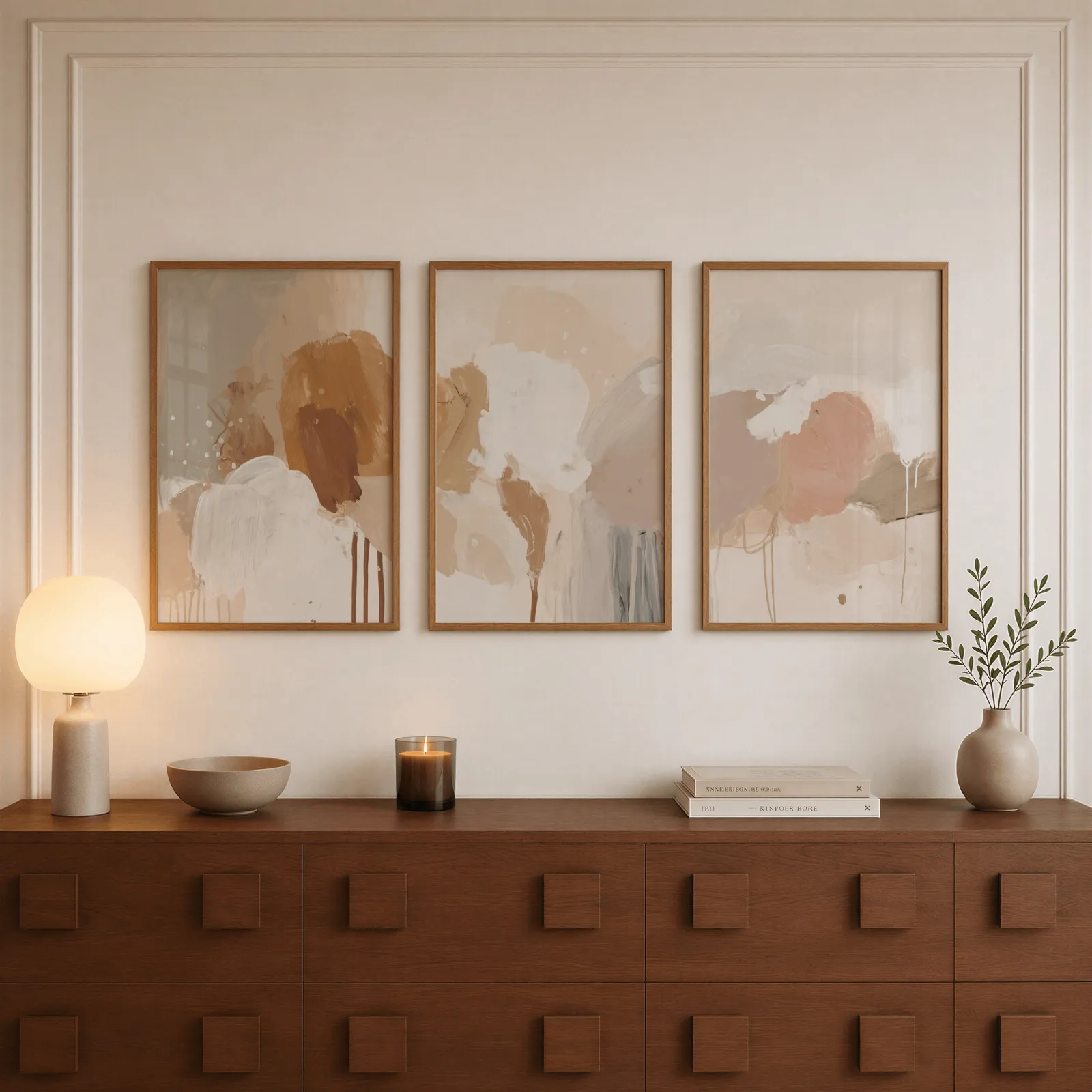 terracotta abstract wall art set of 3, above a walnut sideboard with a lit candle and glowing lamp