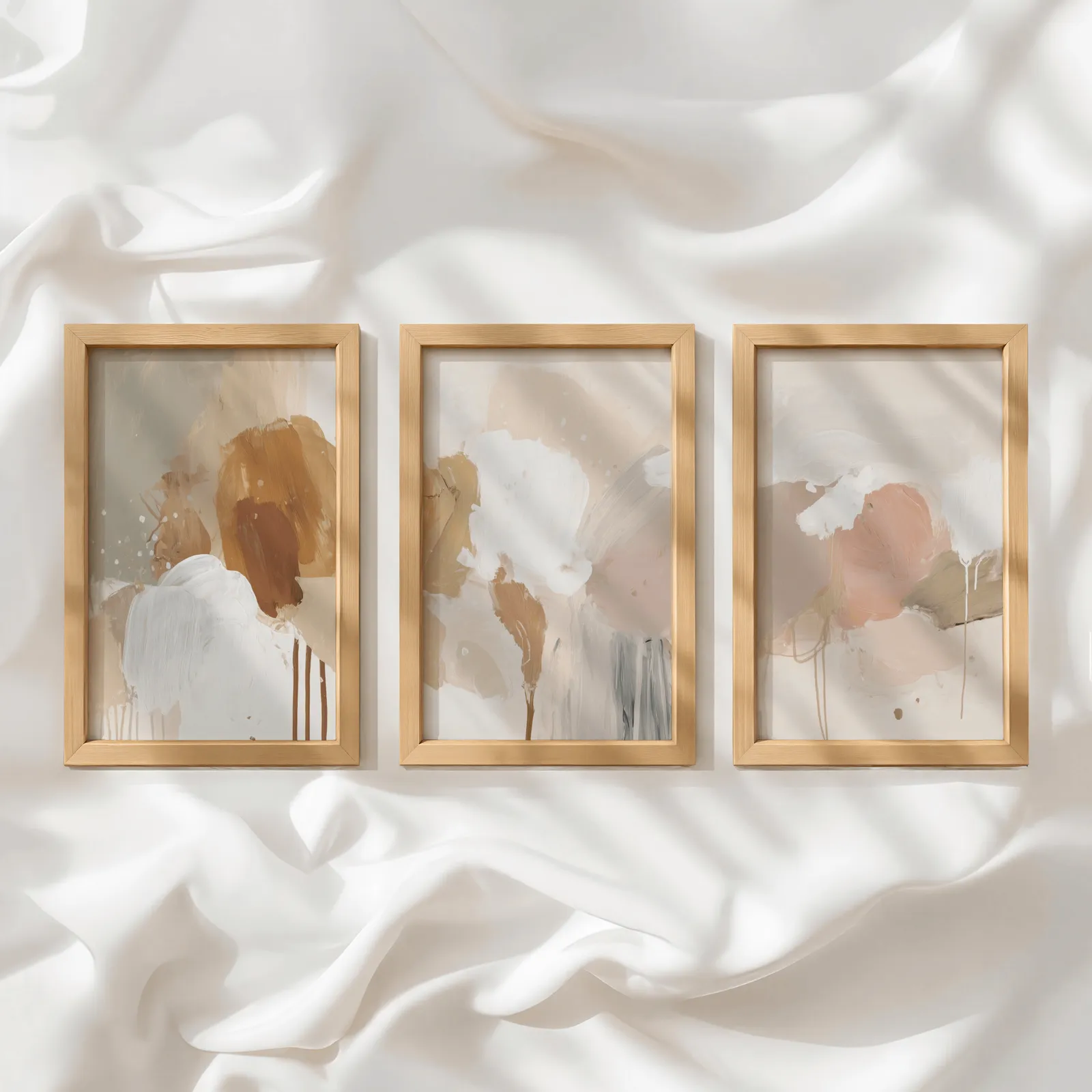 terracotta abstract wall art set of 3, in a row atop rumpled white silky fabric