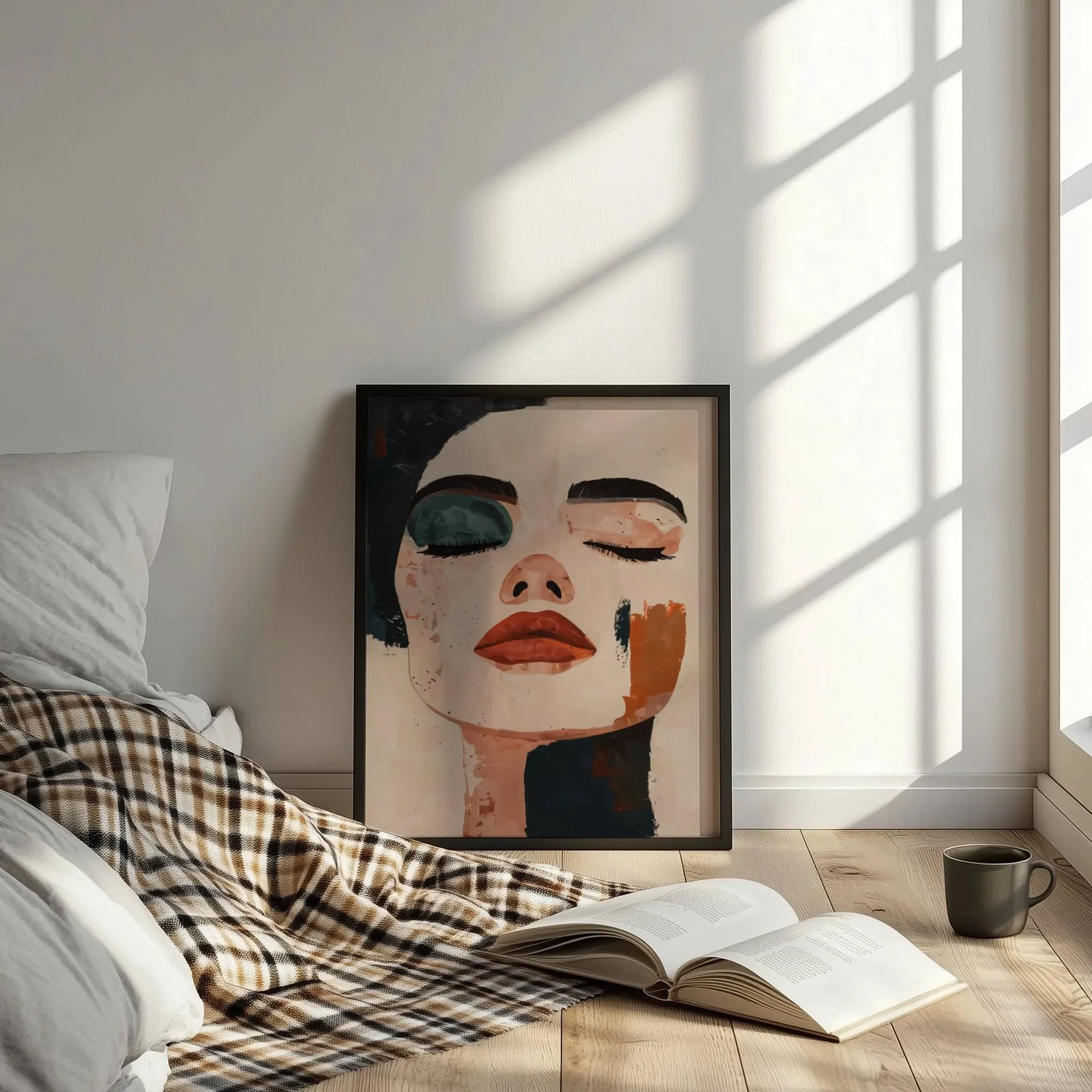 abstract face art print in terracotta and black, leaning on the floor beside a plaid throw and open book