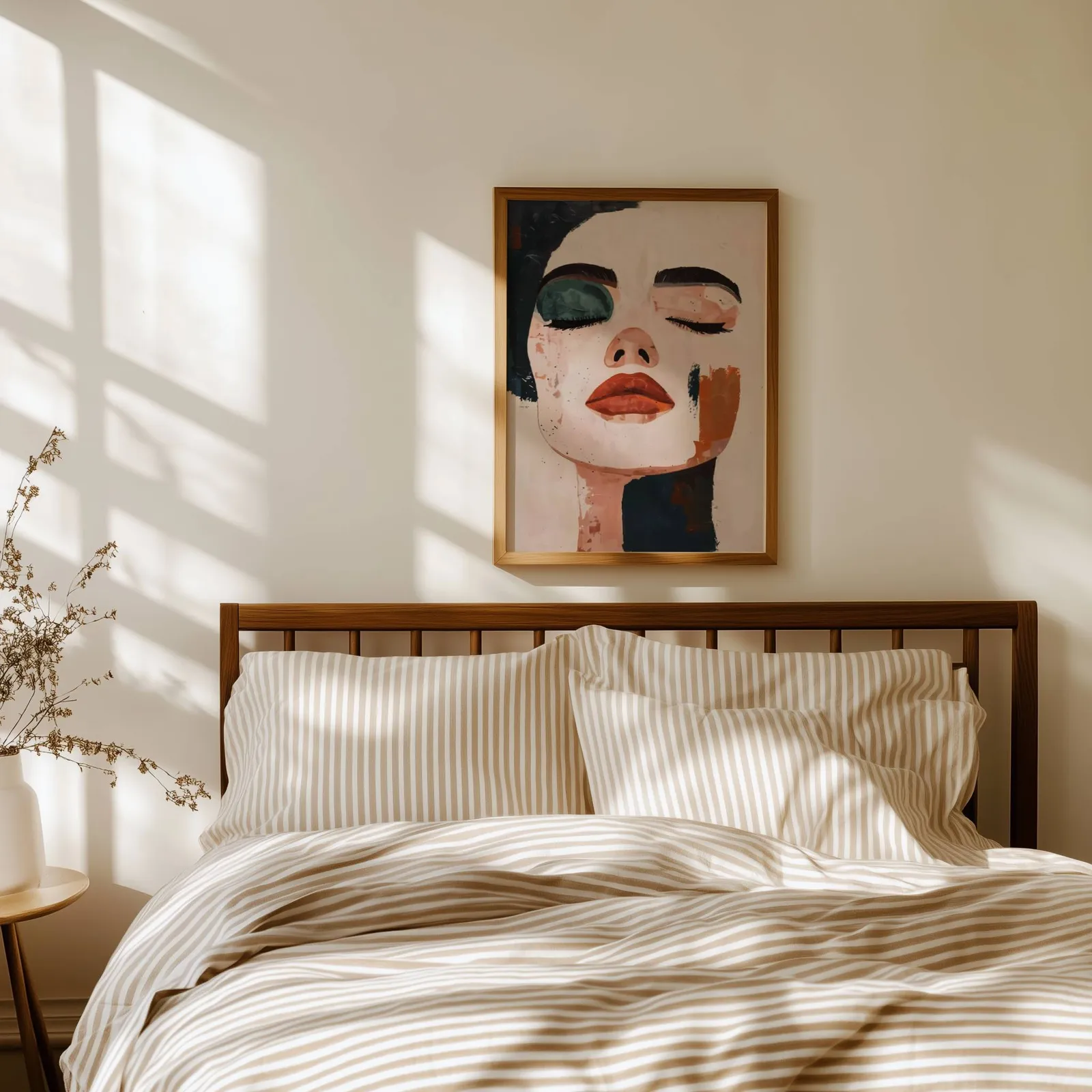abstract face art print in terracotta and black, above a spindle headboard with striped linen bedding