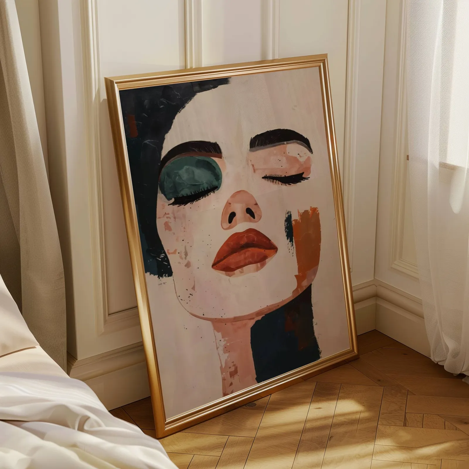 abstract face art print in terracotta and black, leaning in a sunlit corner beside sheer curtains and herringbone floor
