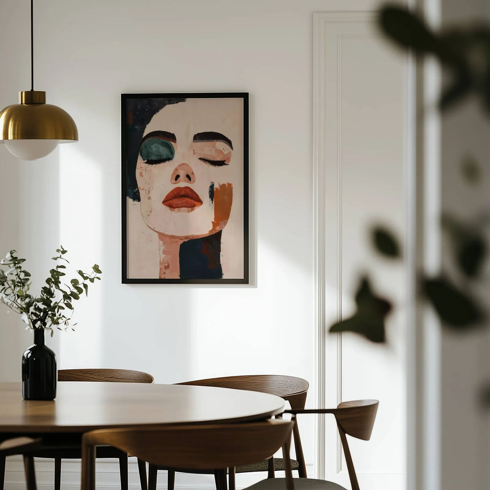 abstract face art print in terracotta and black, on a white wall above a round wooden dining table