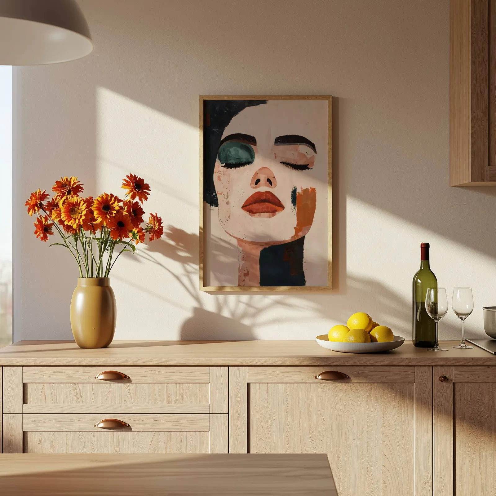 abstract face art print in terracotta and black, above a wooden counter with a bowl of lemons